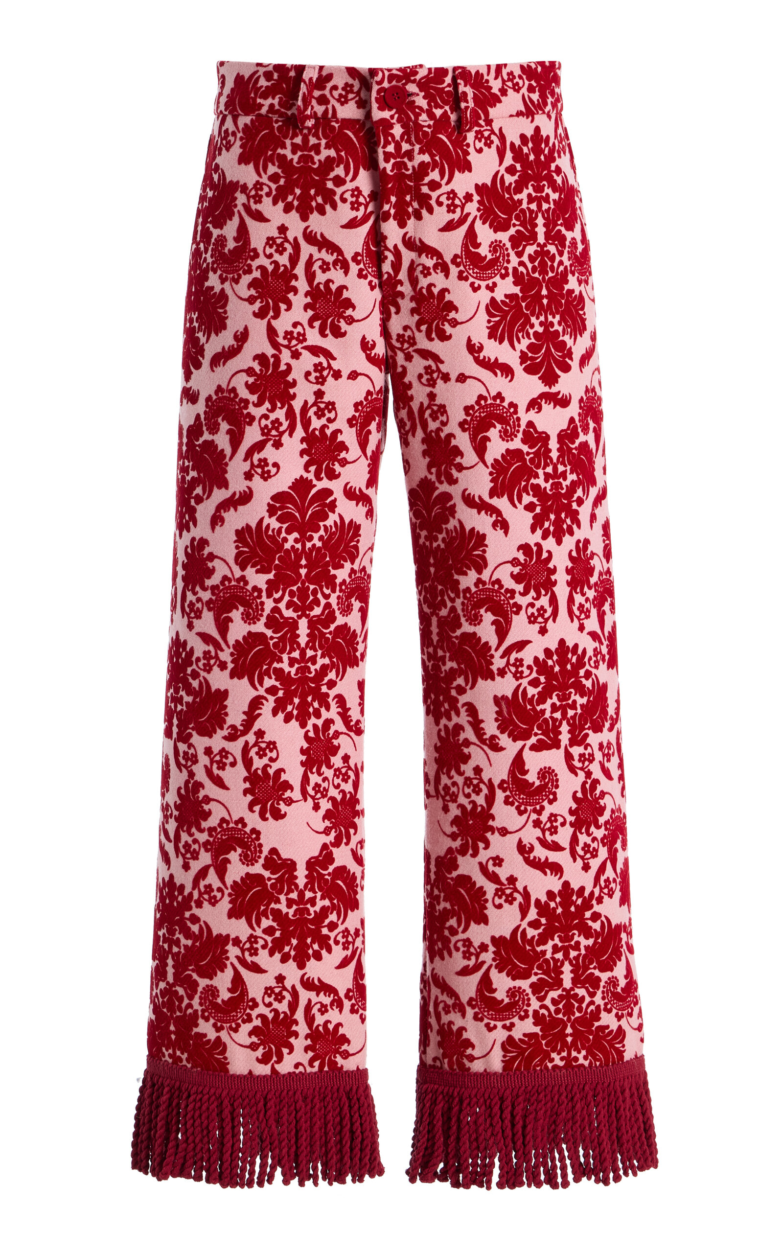 La Veste Jason Fringed Flocked-wool Pants In Red