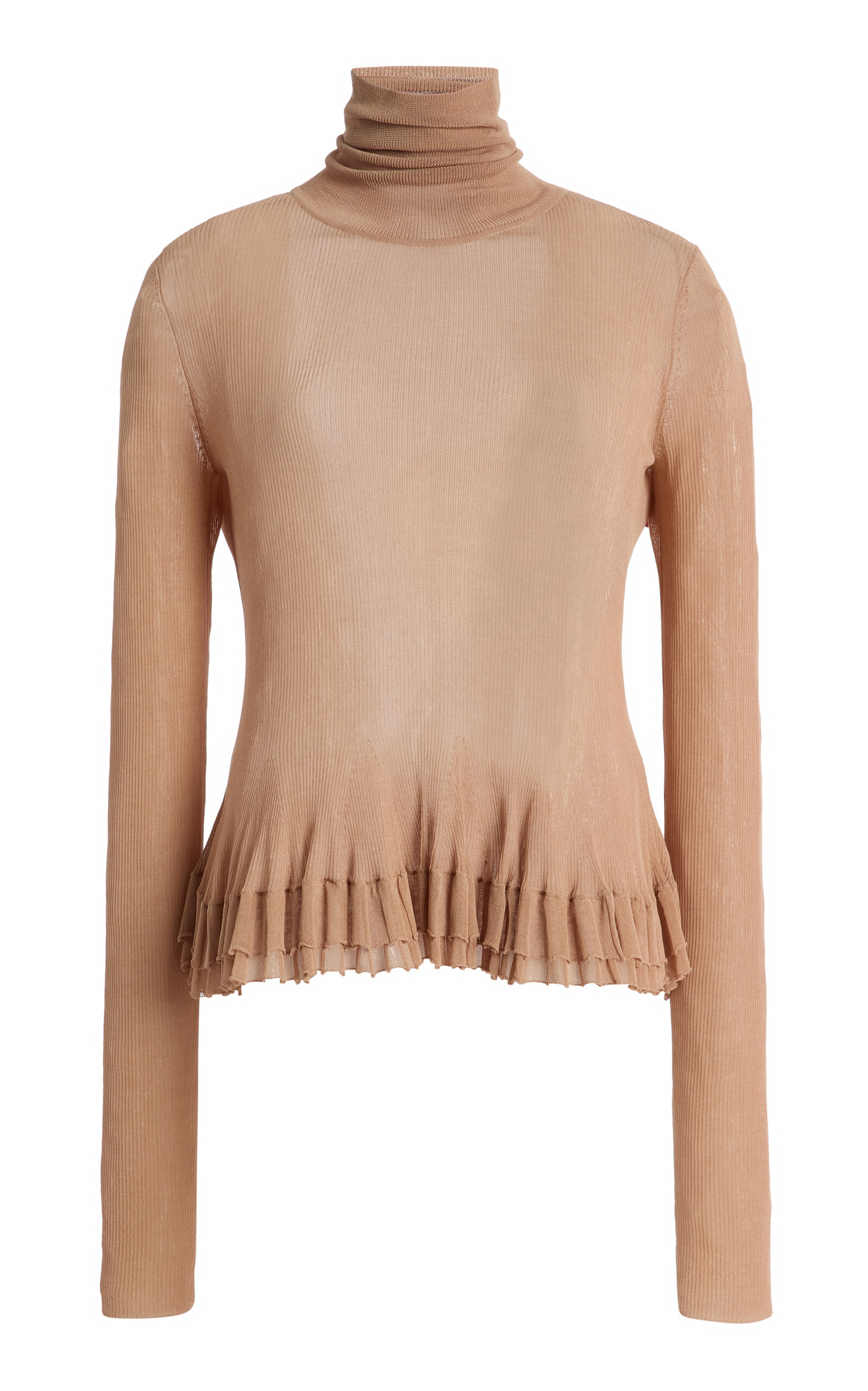 Ashlyn Merritt Sheer-hem Peplum Turtleneck In Brown