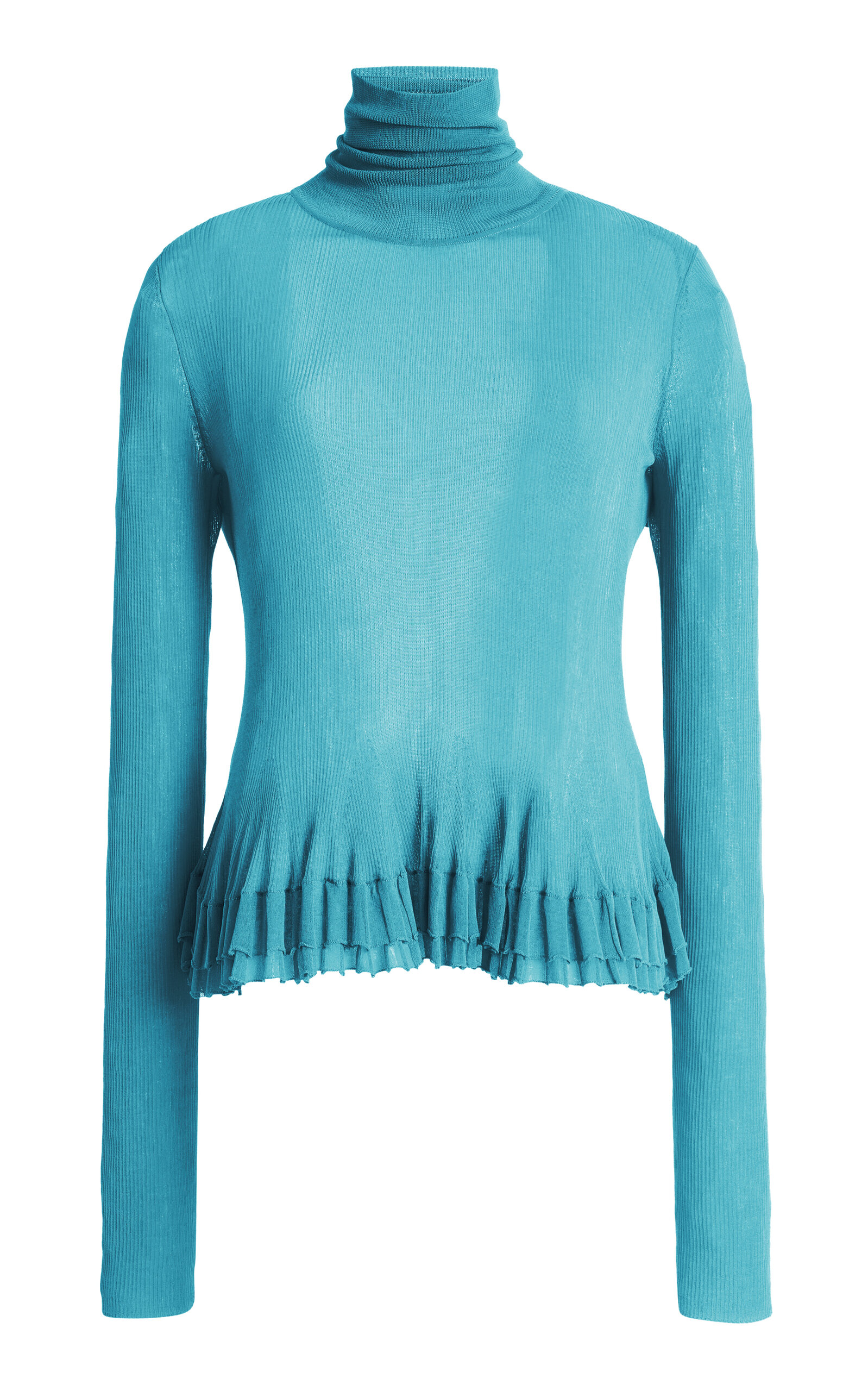 Ashlyn Merritt Sheer-hem Peplum Turtleneck In Blue