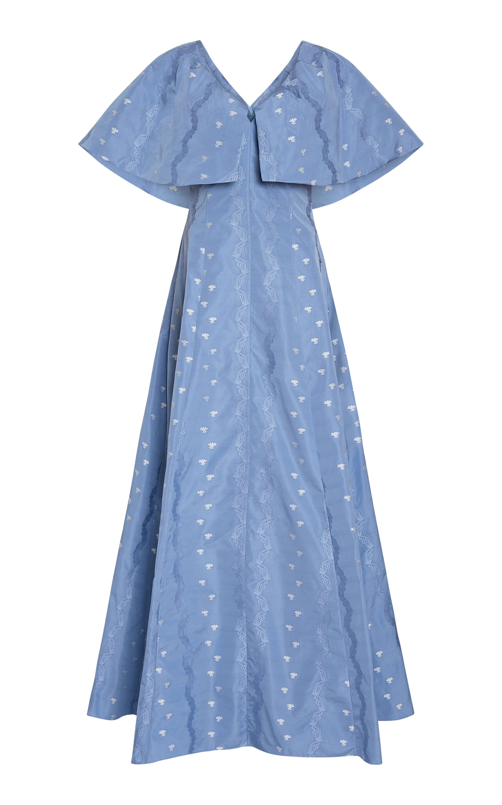 Markarian Eloise Ruffled Floral Taffeta Caplet Gown In Blue