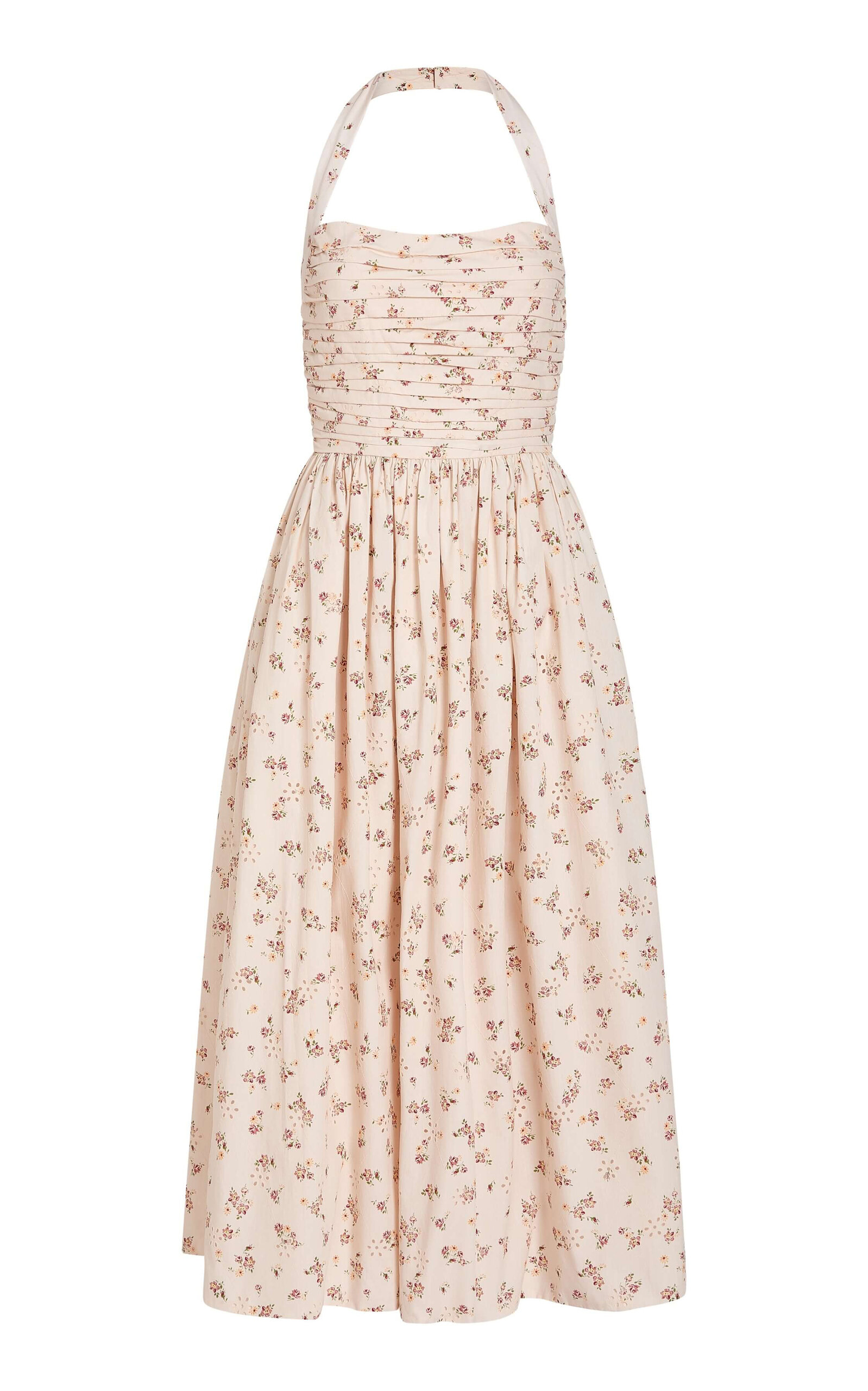Markarian Leia Ruched Cotton Eyelet Midi Halter Dress