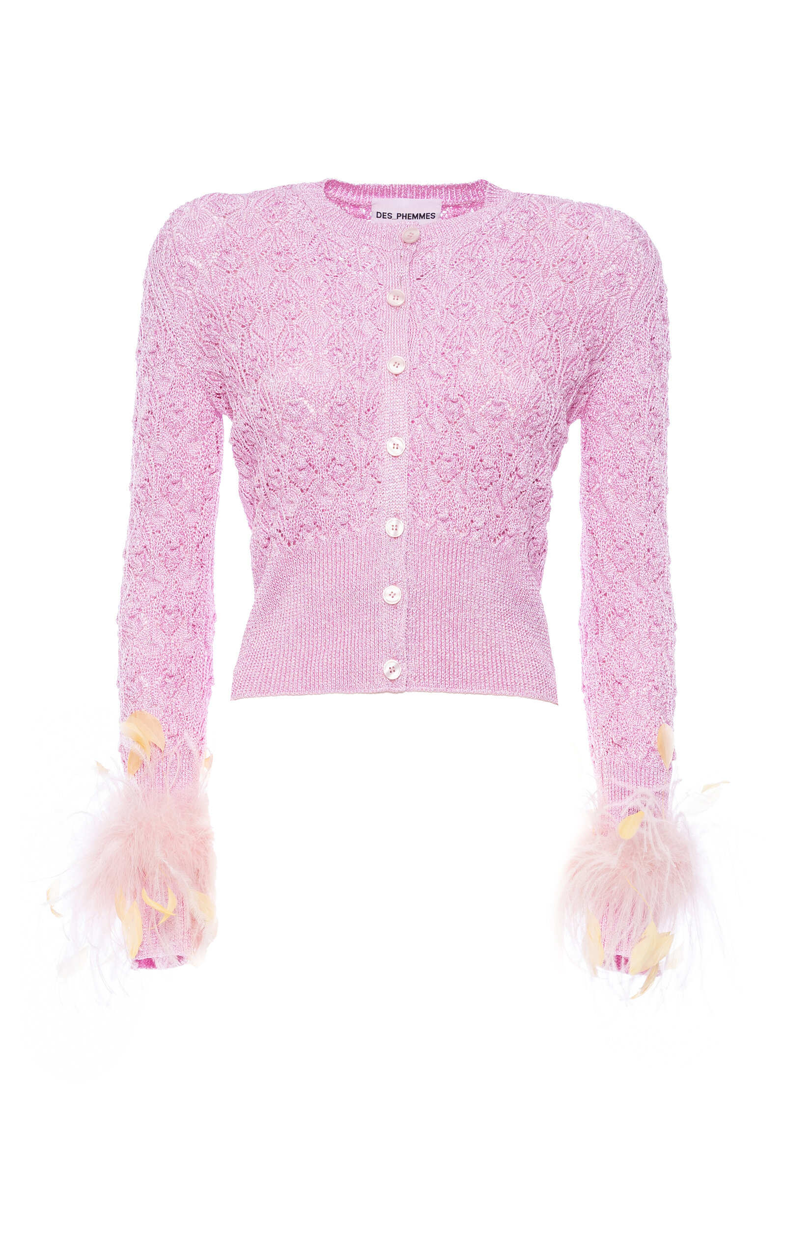 Des_phemmes Openwork Feather-cuff Cropped Cardigan In Pink