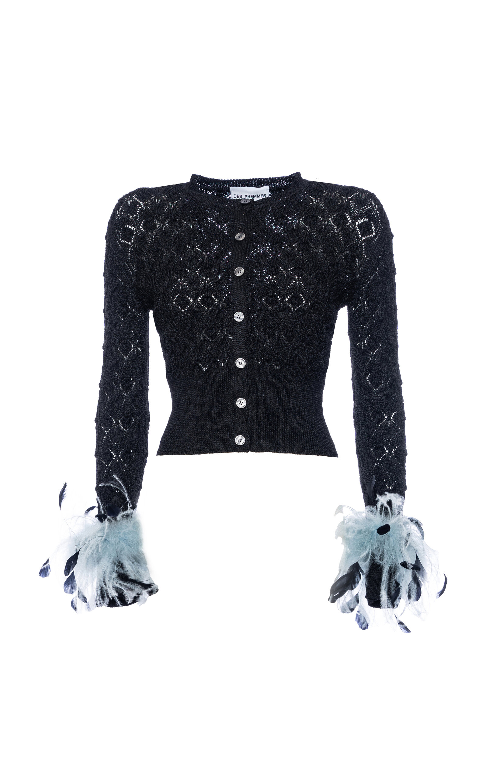 DES_PHEMMES Feather-Trimmed Pointelle-Knit Cardigan