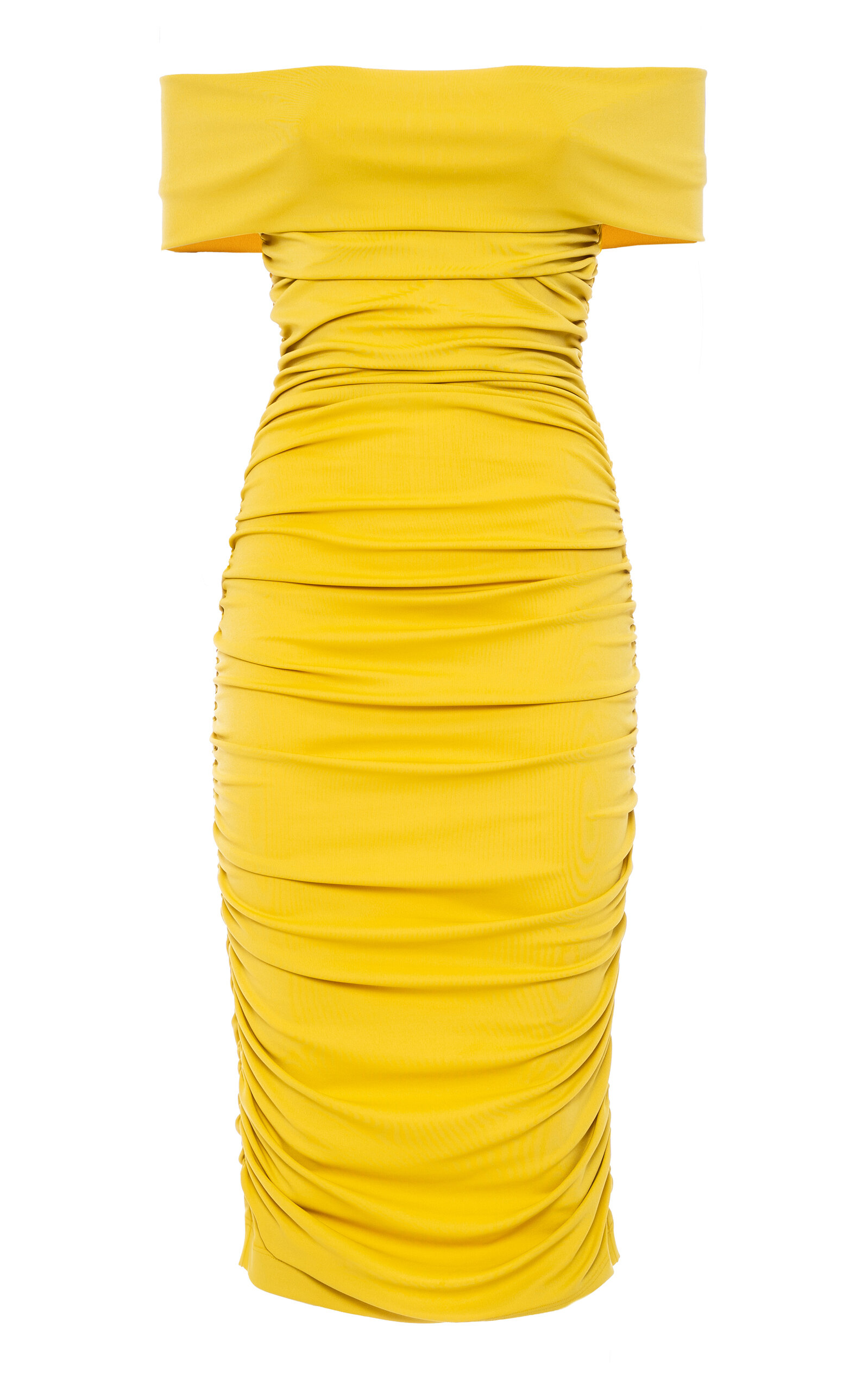 Des_phemmes Off-the-shoulder Ruched Midi Dress In Yellow
