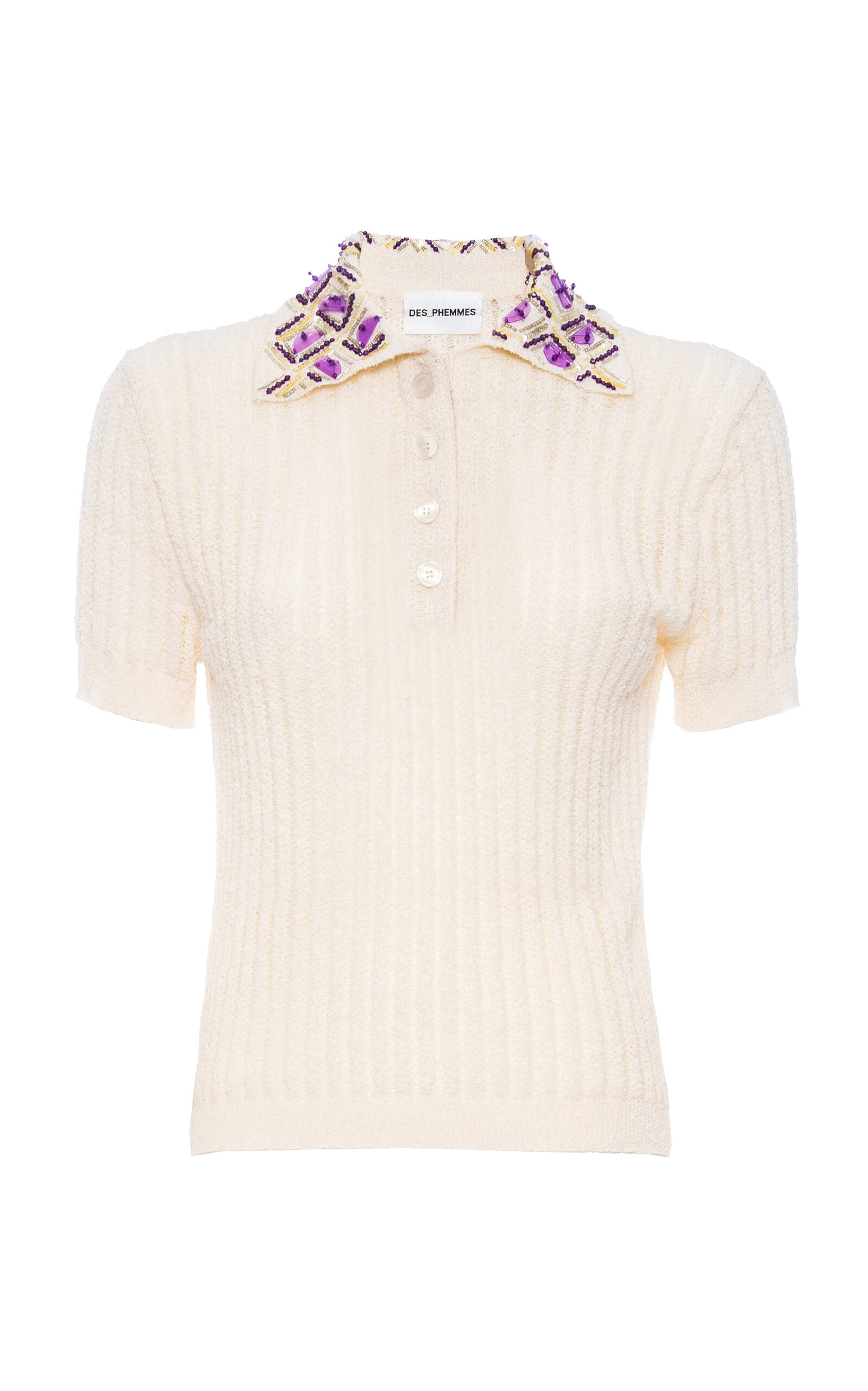 Des_phemmes Embellished Collar Ribbed Cotton-blend Polo Top In White