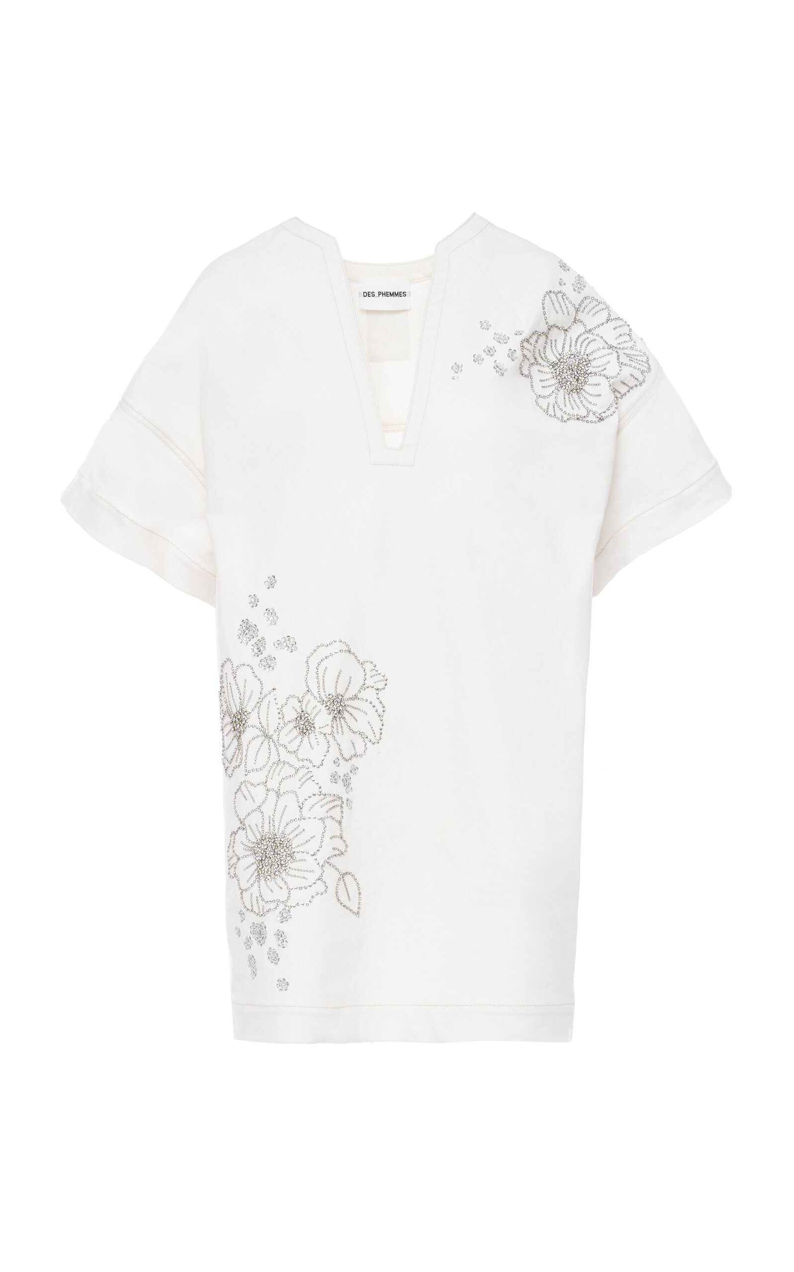 Des_phemmes Floral-embellished Cocoon Denim Mini Dress In White
