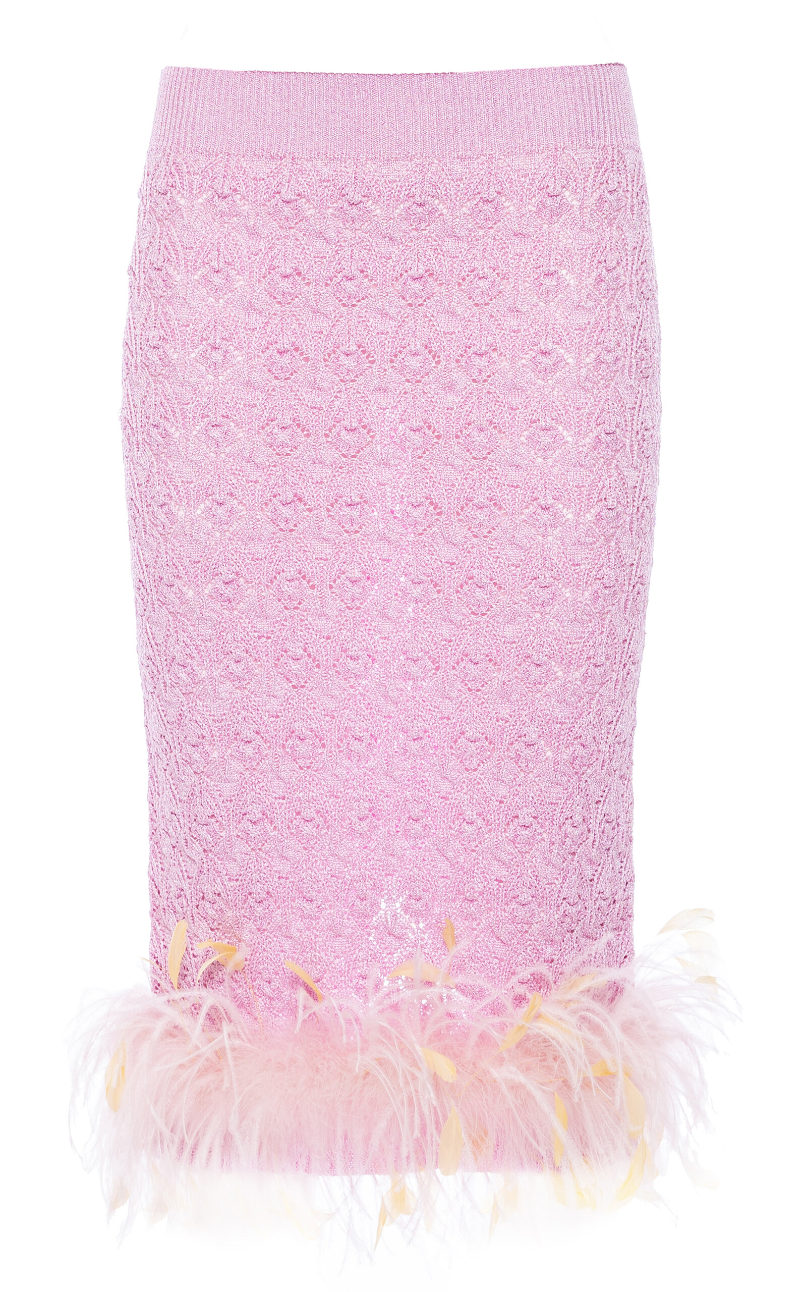 Des_phemmes Feather-trimmed Knit Midi Tube Skirt In Pink