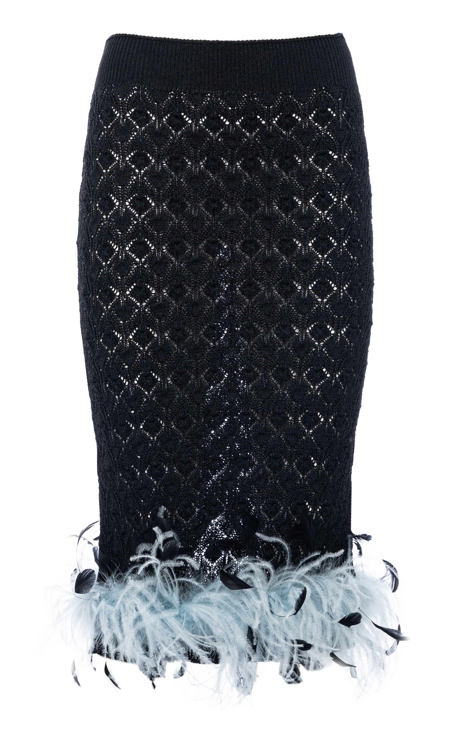 Des_phemmes Feather-trimmed Knit Midi Tube Skirt In Black
