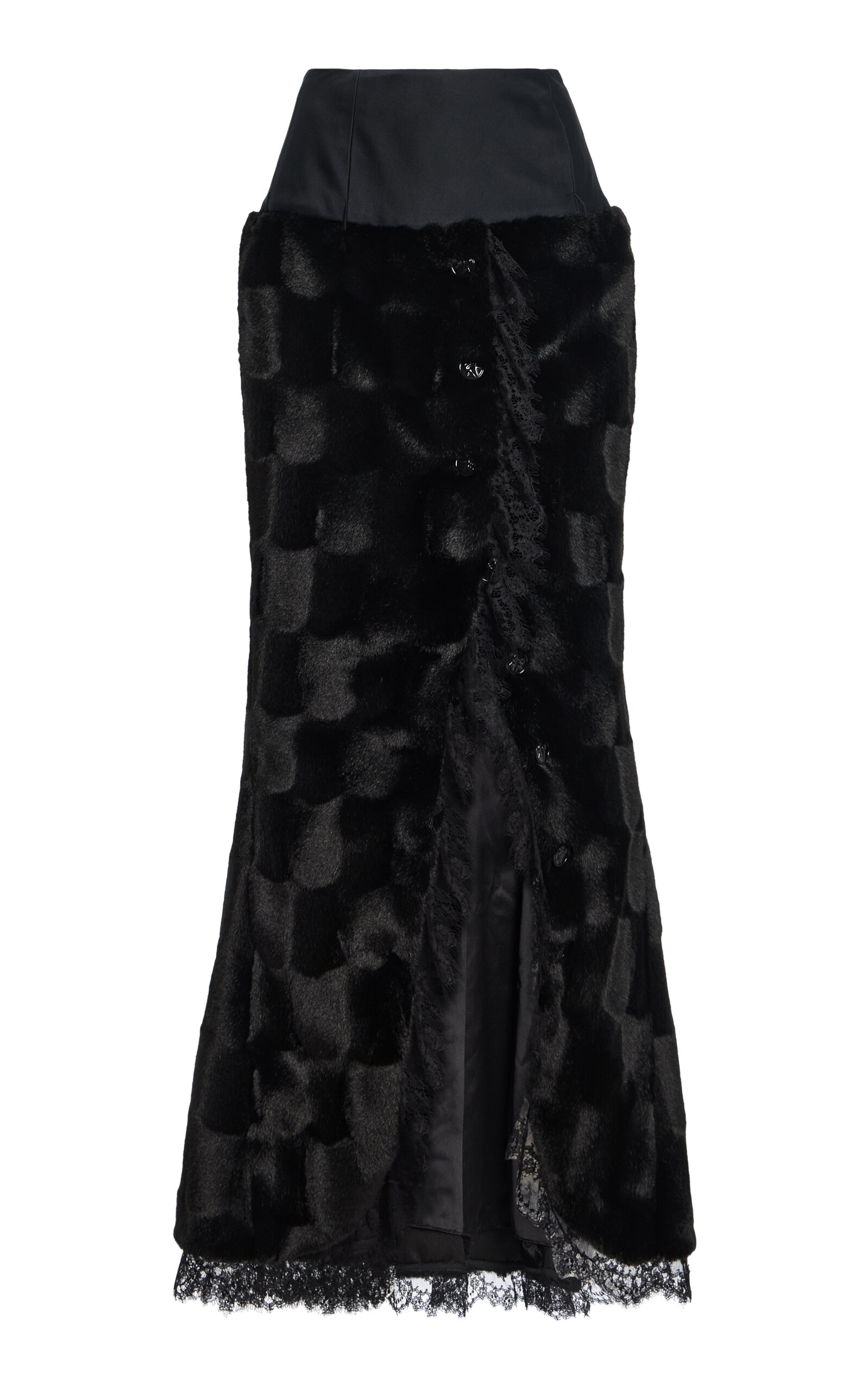 Wiederhoeft Ankle-Length Tulip Skirt In Black Faux Fur; With Scalloped Chantilly Lace Trim - Black