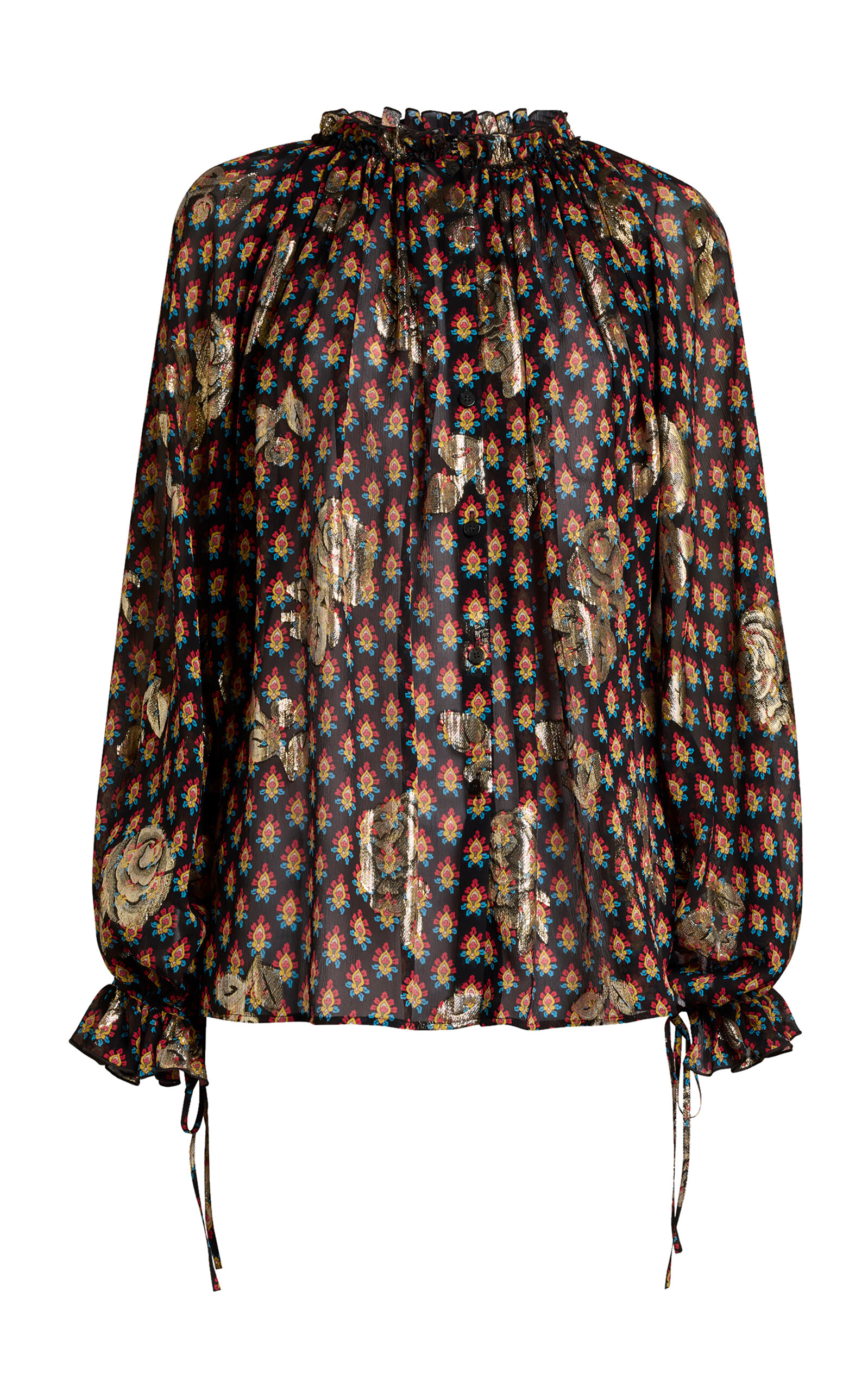 Etro Ruffled Metallic Silk Shirt In Brown