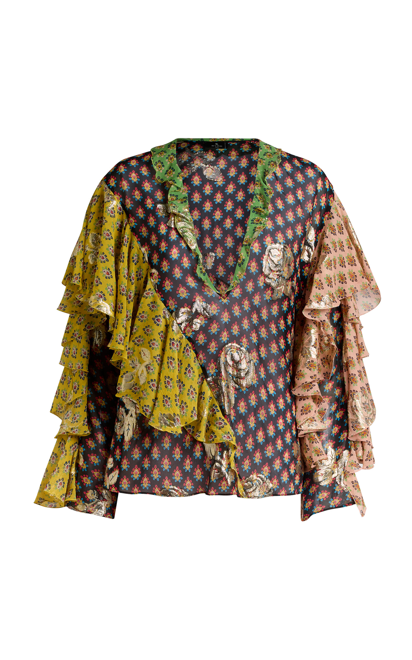 Etro Ruffled Metallic Silk Top In Multi