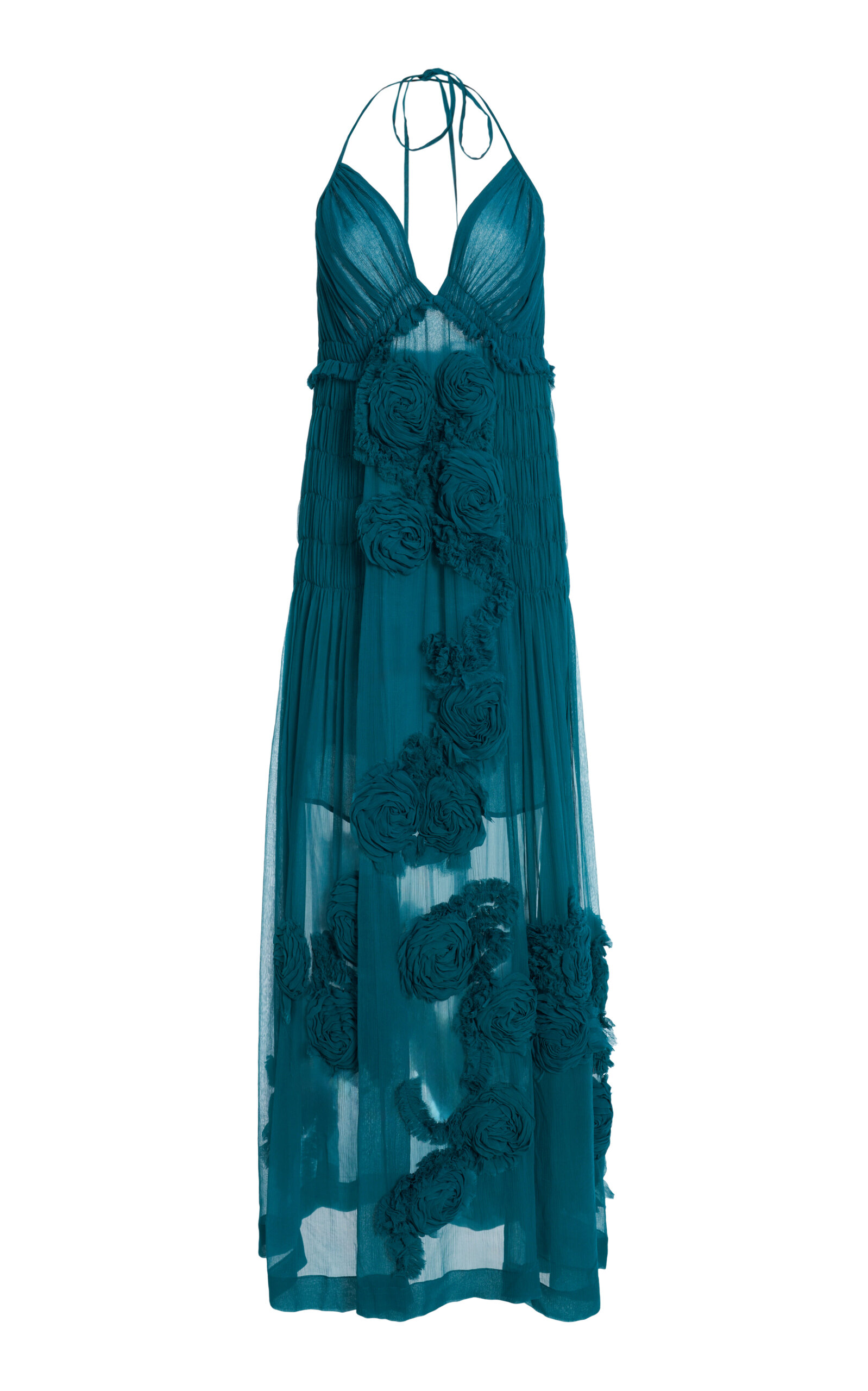 Dries Van Noten Drina Rose-embellished Chiffon Maxi Dress In Blue