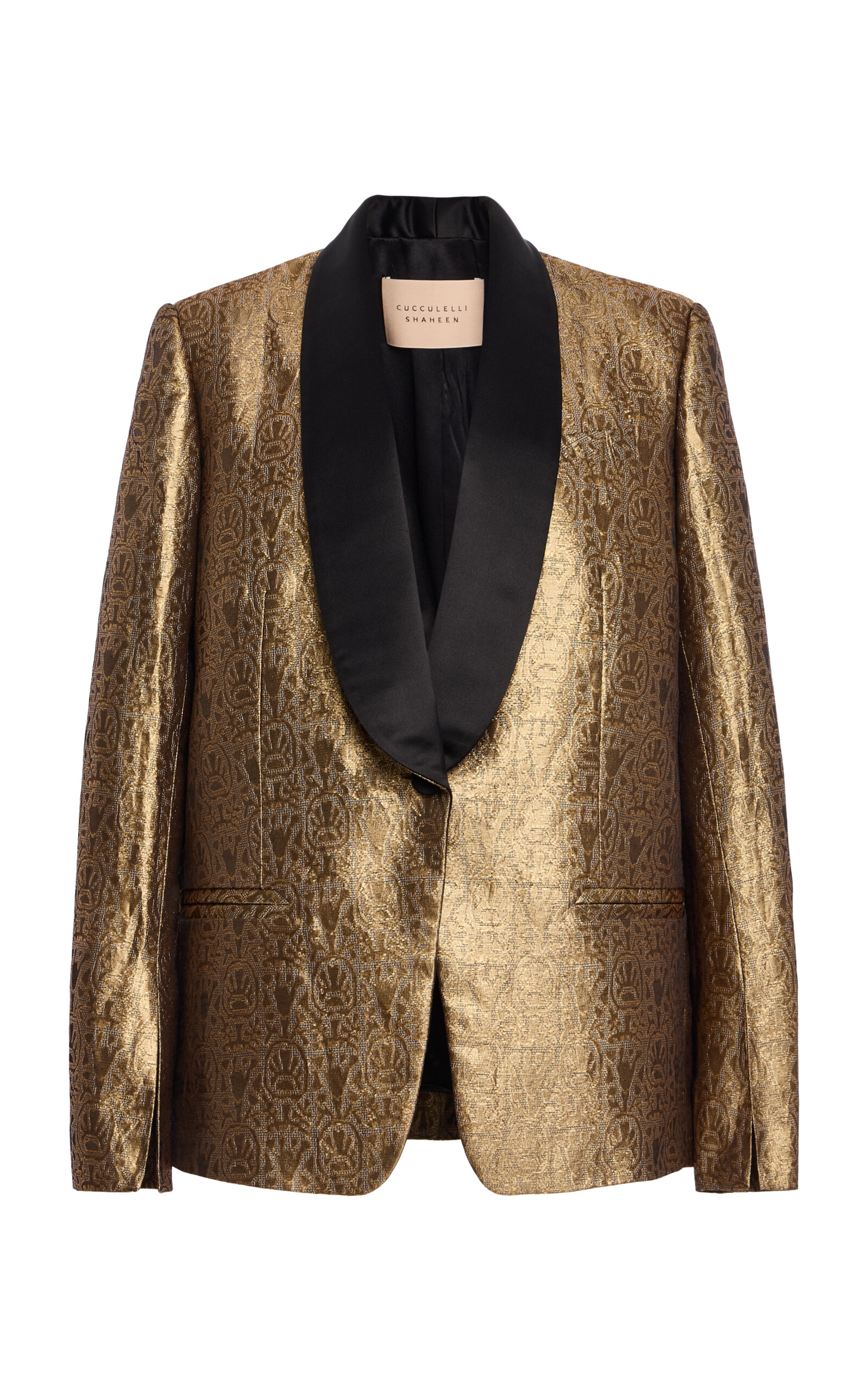 Cucculelli Shaheen Geometric Jacquard Tuxedo Blazer In Gold