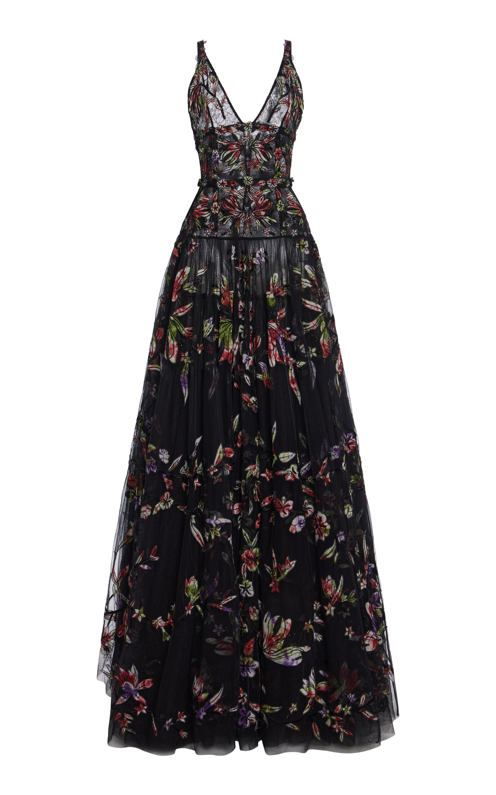 Cucculelli Shaheen Chantilly Tulle-Blend Appliqué Maxi Dress - Floral