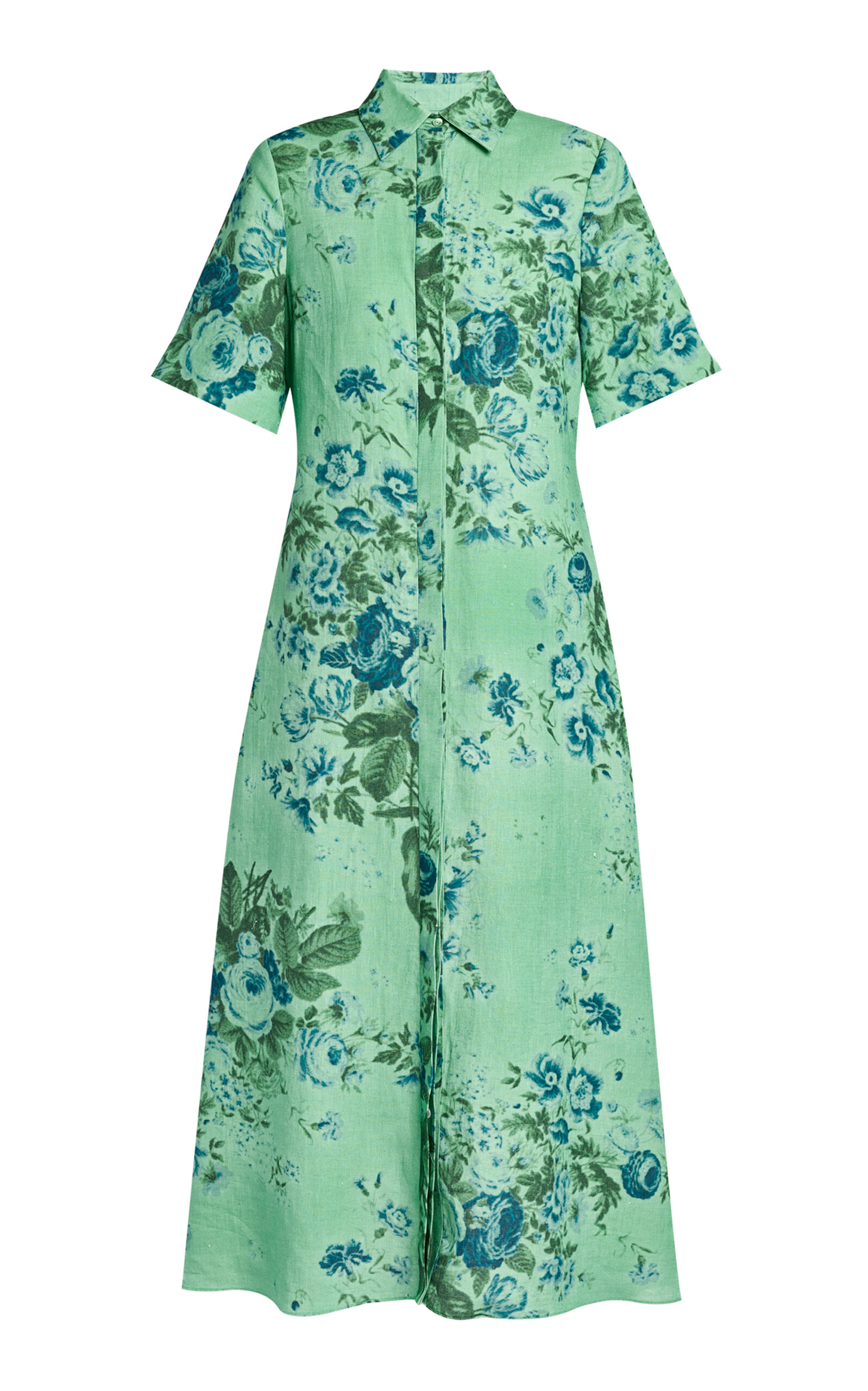Erdem Floral Linen Midi Shirt Dress - Green