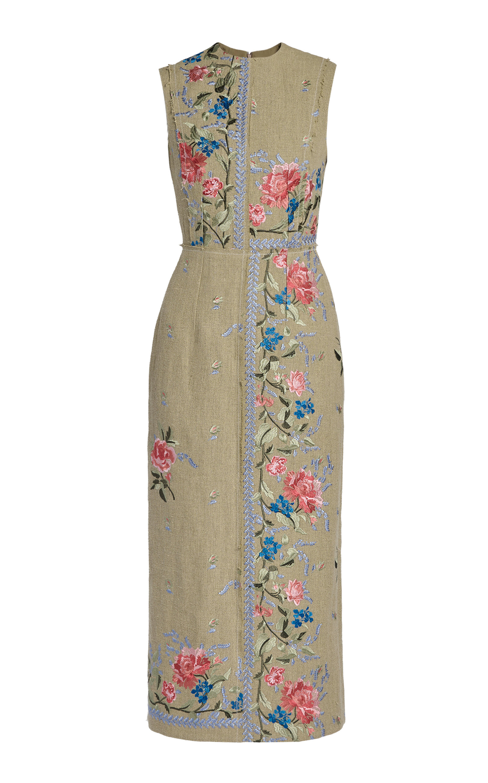 Erdem Embroidered Linen Pencil Midi Dress In Neutral