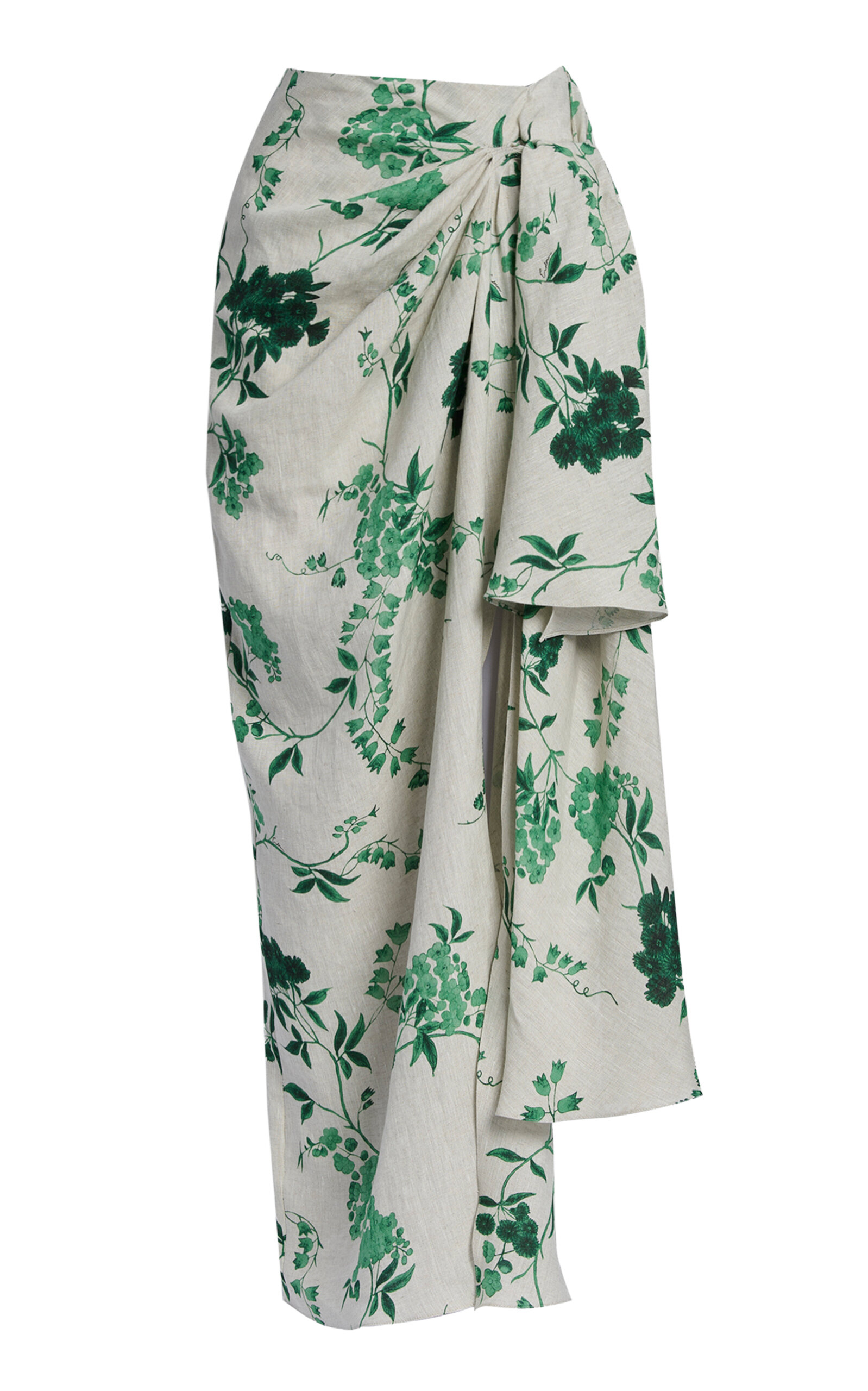 Erdem Floral Draped Linen Midi Skirt