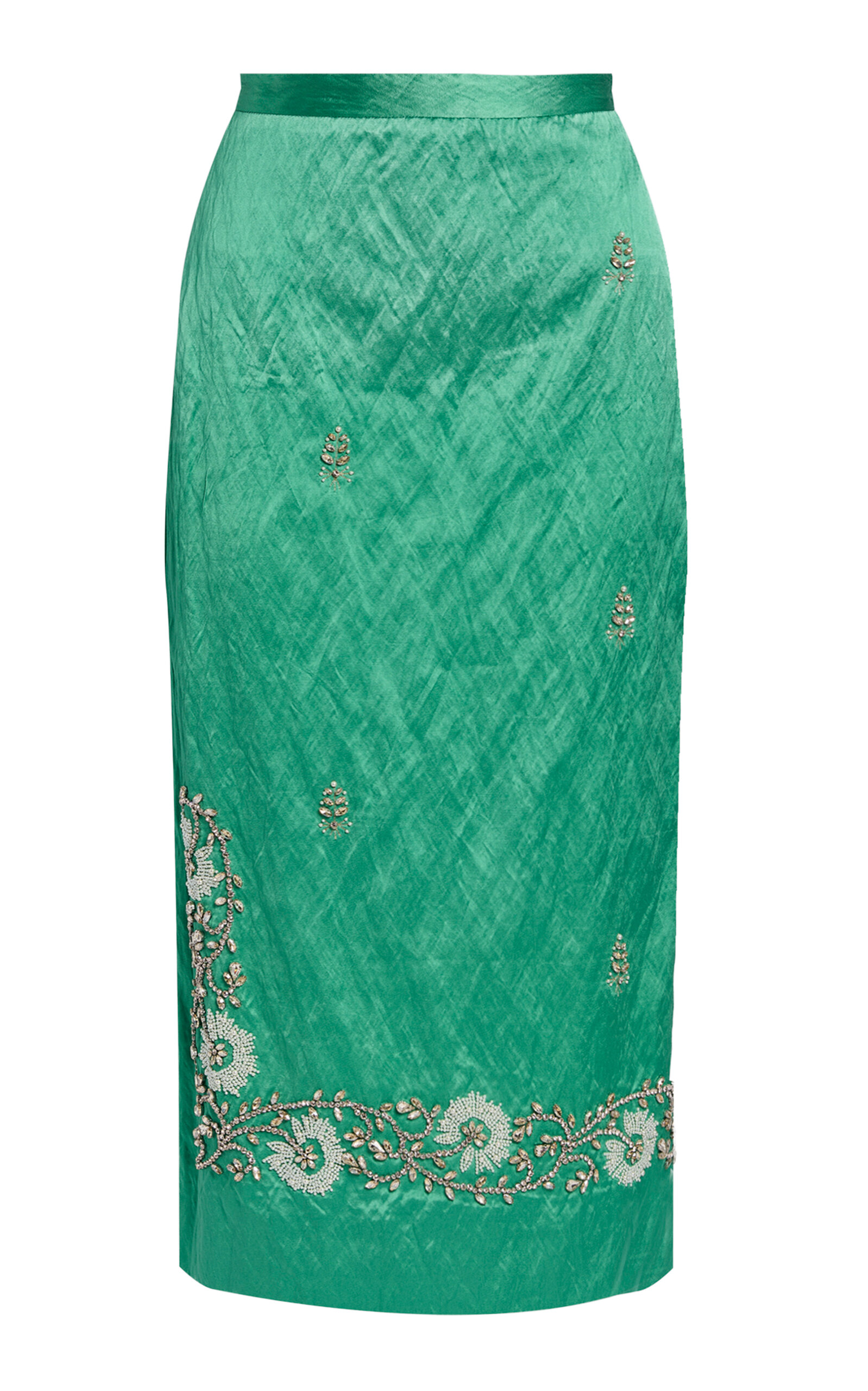 Erdem Embellished Textured-satin Pencil Midi Skirt In Green