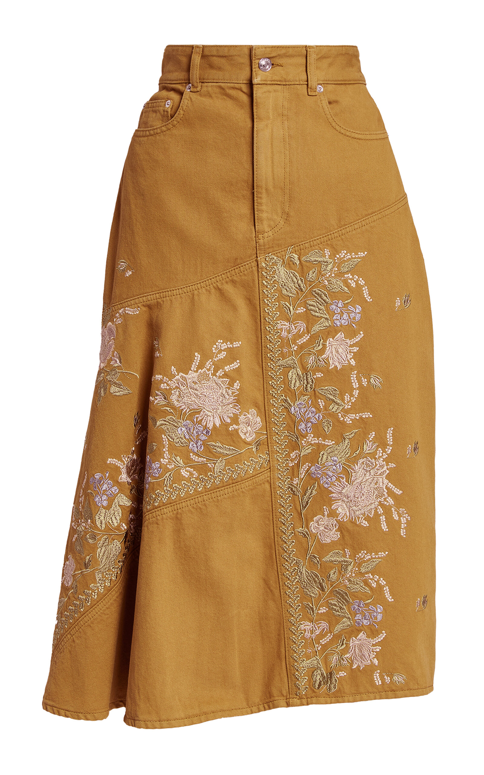 Erdem Embroidered Denim Midi Skirt In Multi