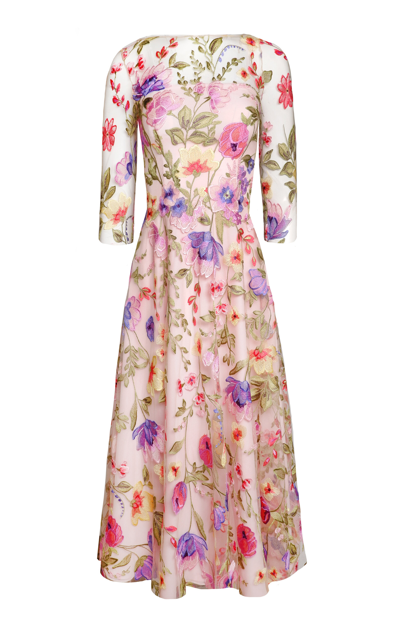 Naeem Khan Floral Embroidered Illusion Tulle-Blend Midi Dress - Floral