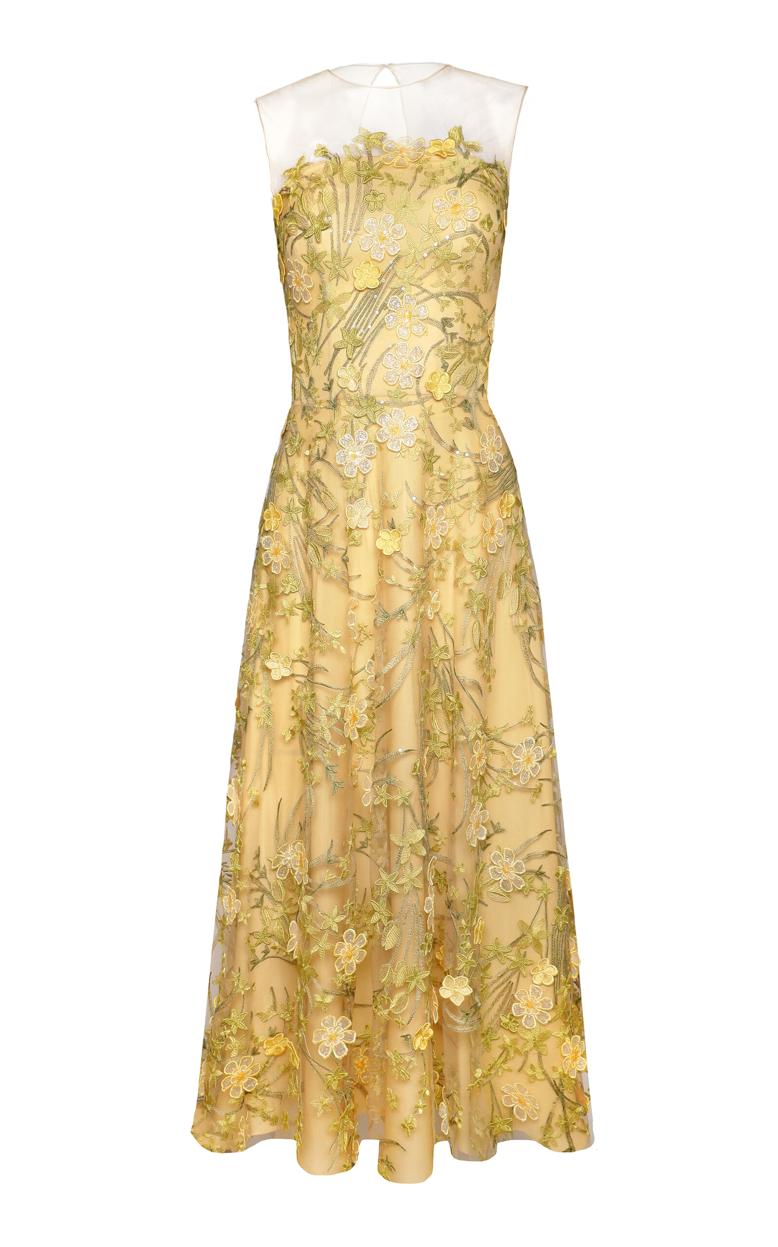 Naeem Khan Beaded Illusion Tulle-Blend Midi Dress - Yellow