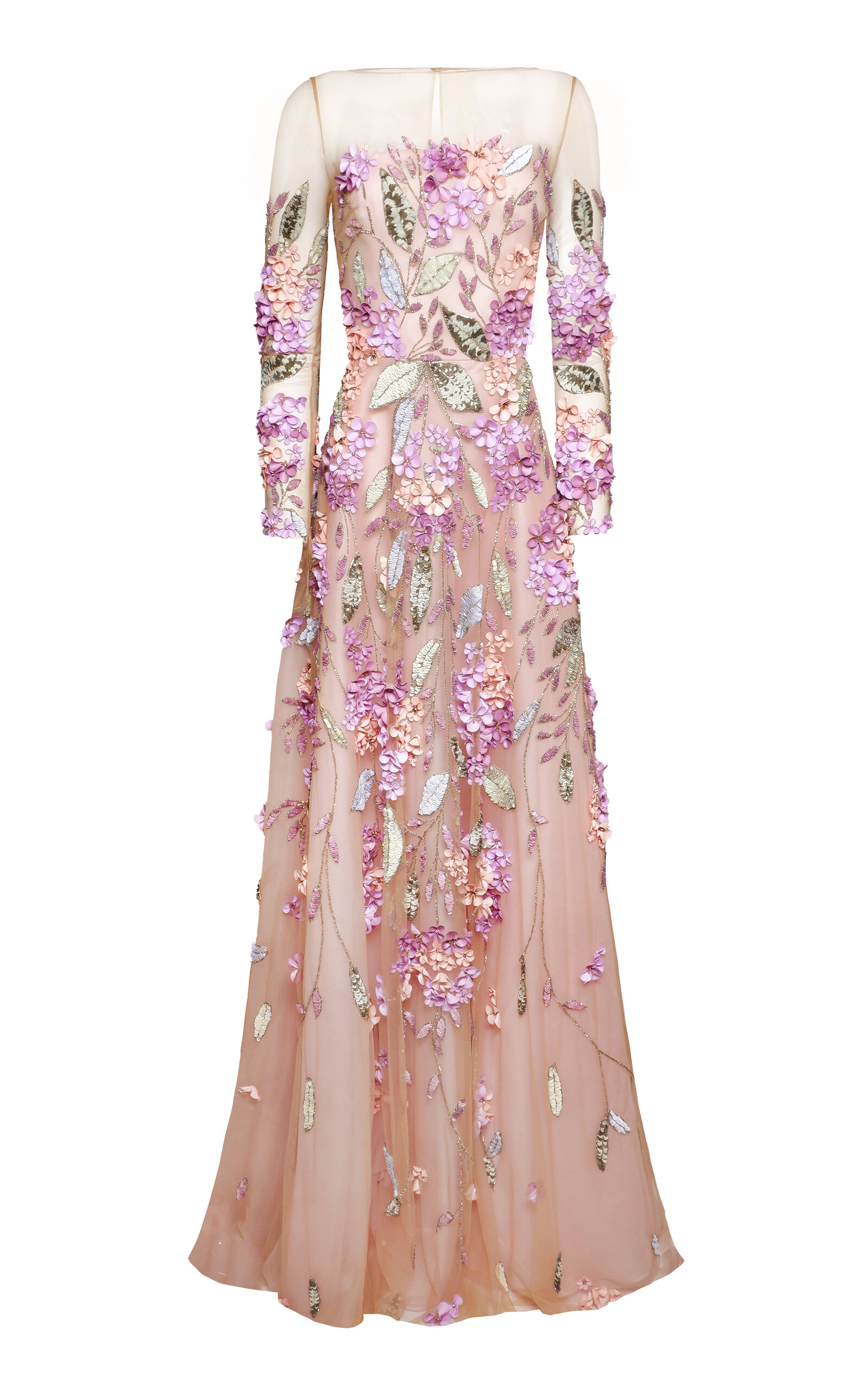 Naeem Khan Floral Embroidered Illusion Gown - Floral