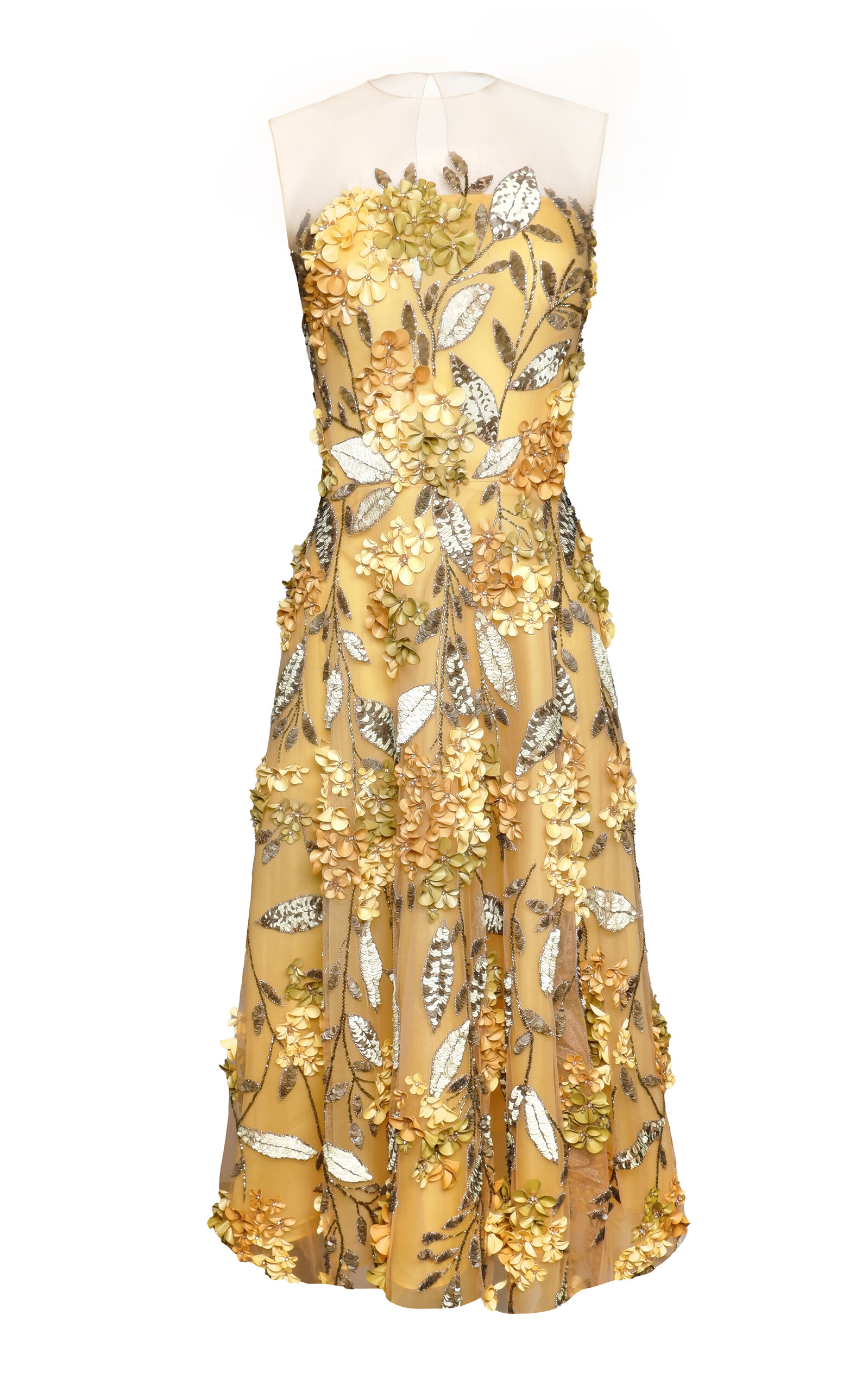 Naeem Khan Floral Embroidered Illusion Midi Dress In Yellow
