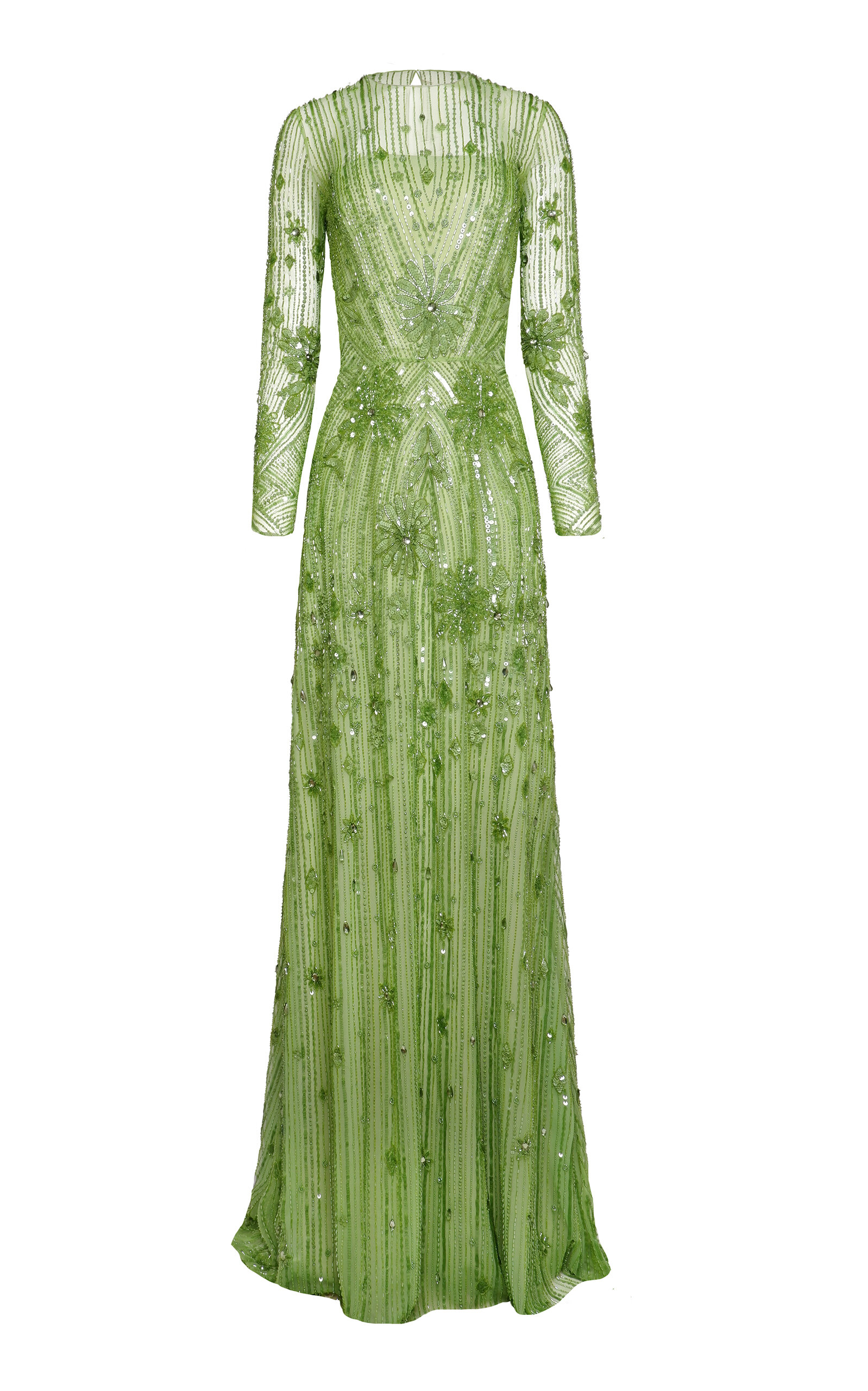 Naeem Khan Beaded Illusion Maxi Gown In Green