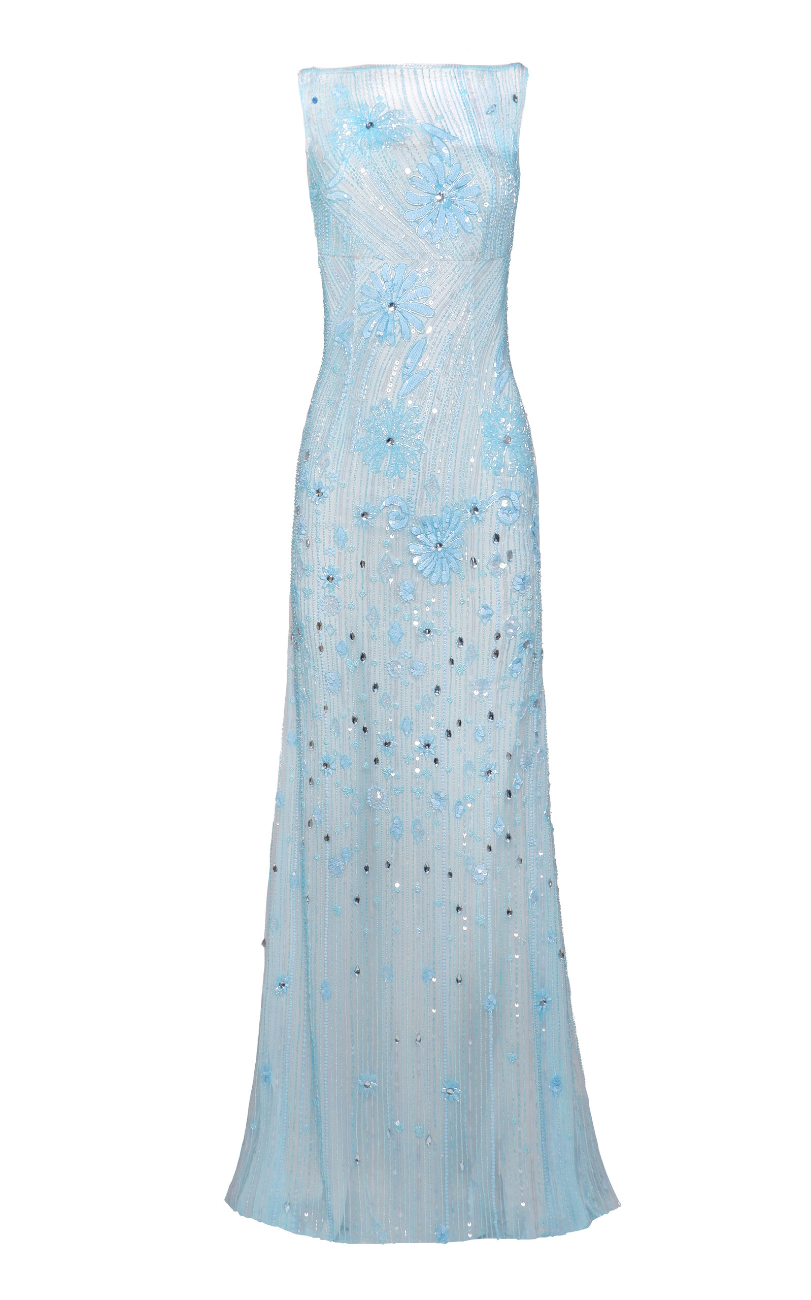Naeem Khan Beaded Illusion Maxi Gown In Blue