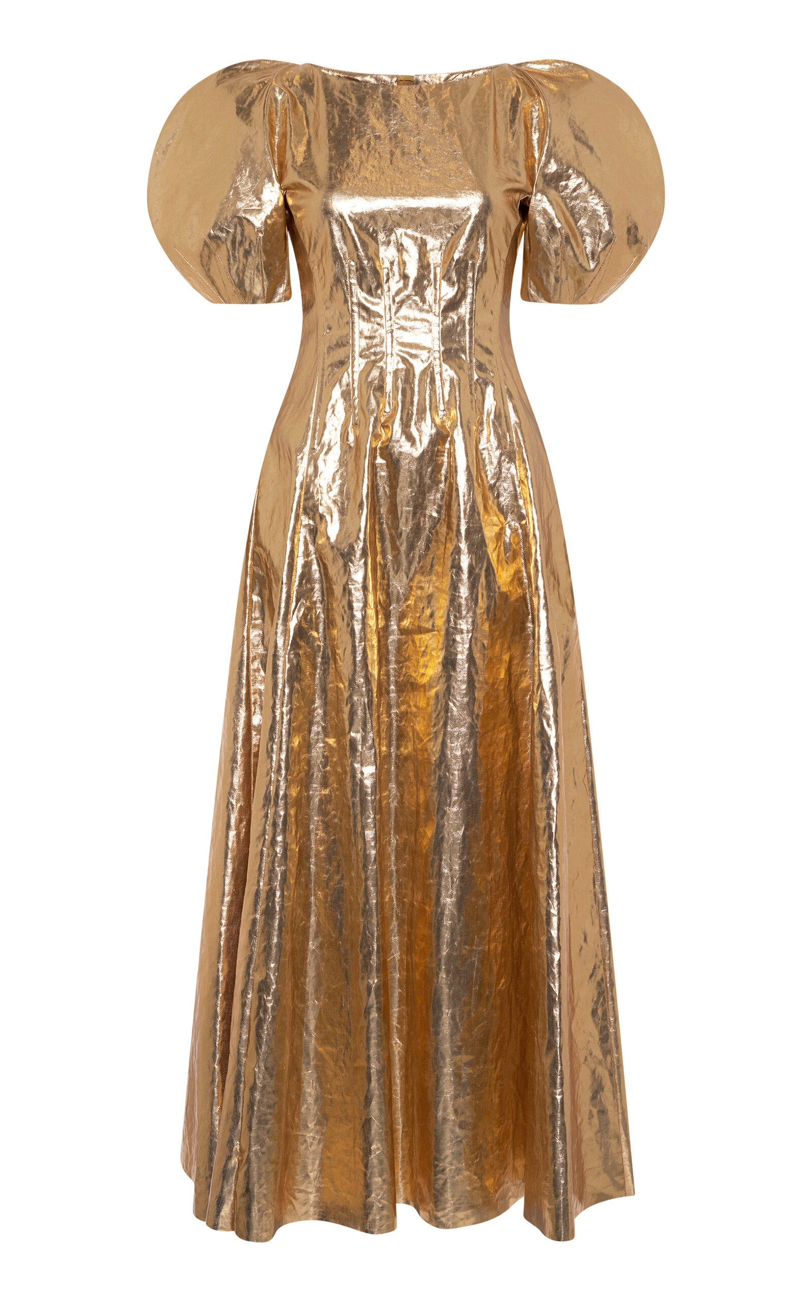 Gabriela Hearst Rayna Puff-sleeve Foiled Linen Maxi Dress In Gold