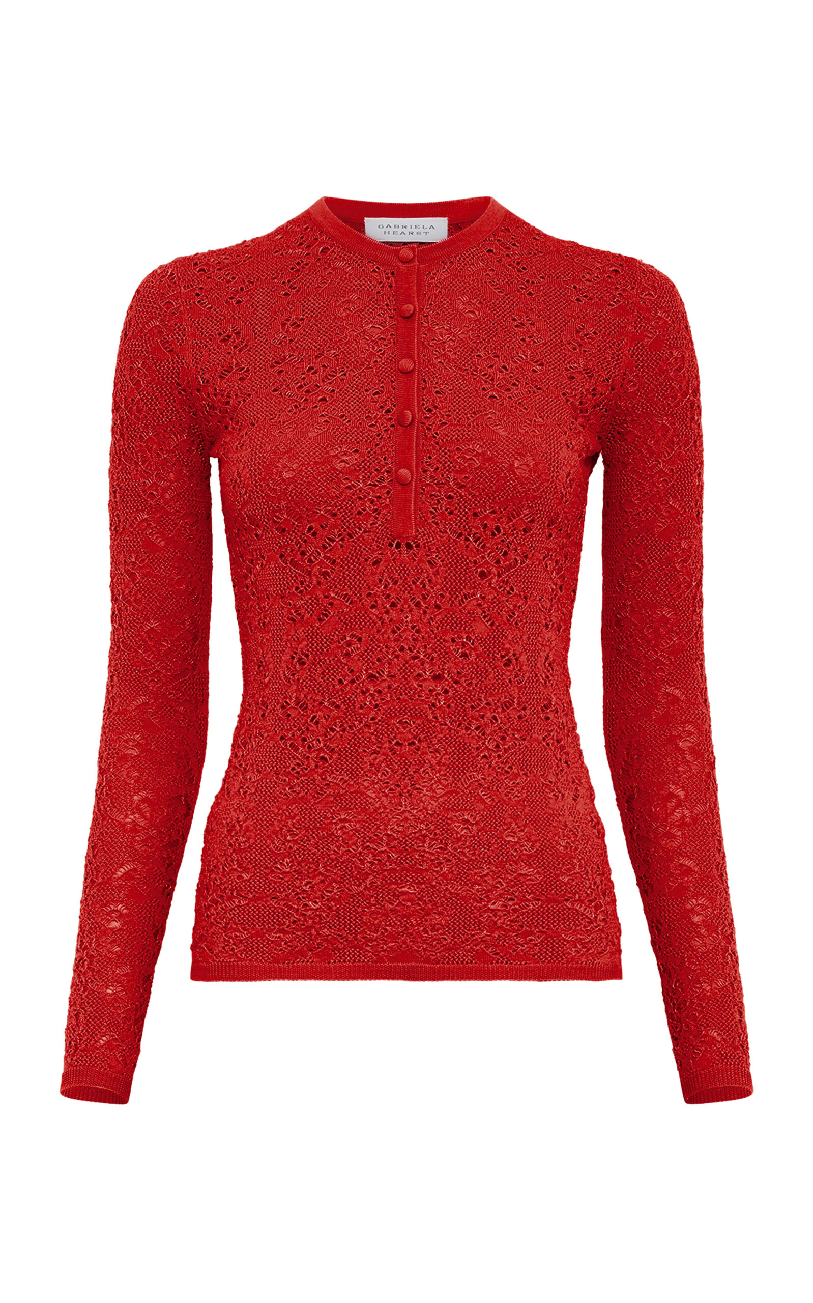 Gabriela Hearst Gaviran Knit Lace Wool Henley Top In Red