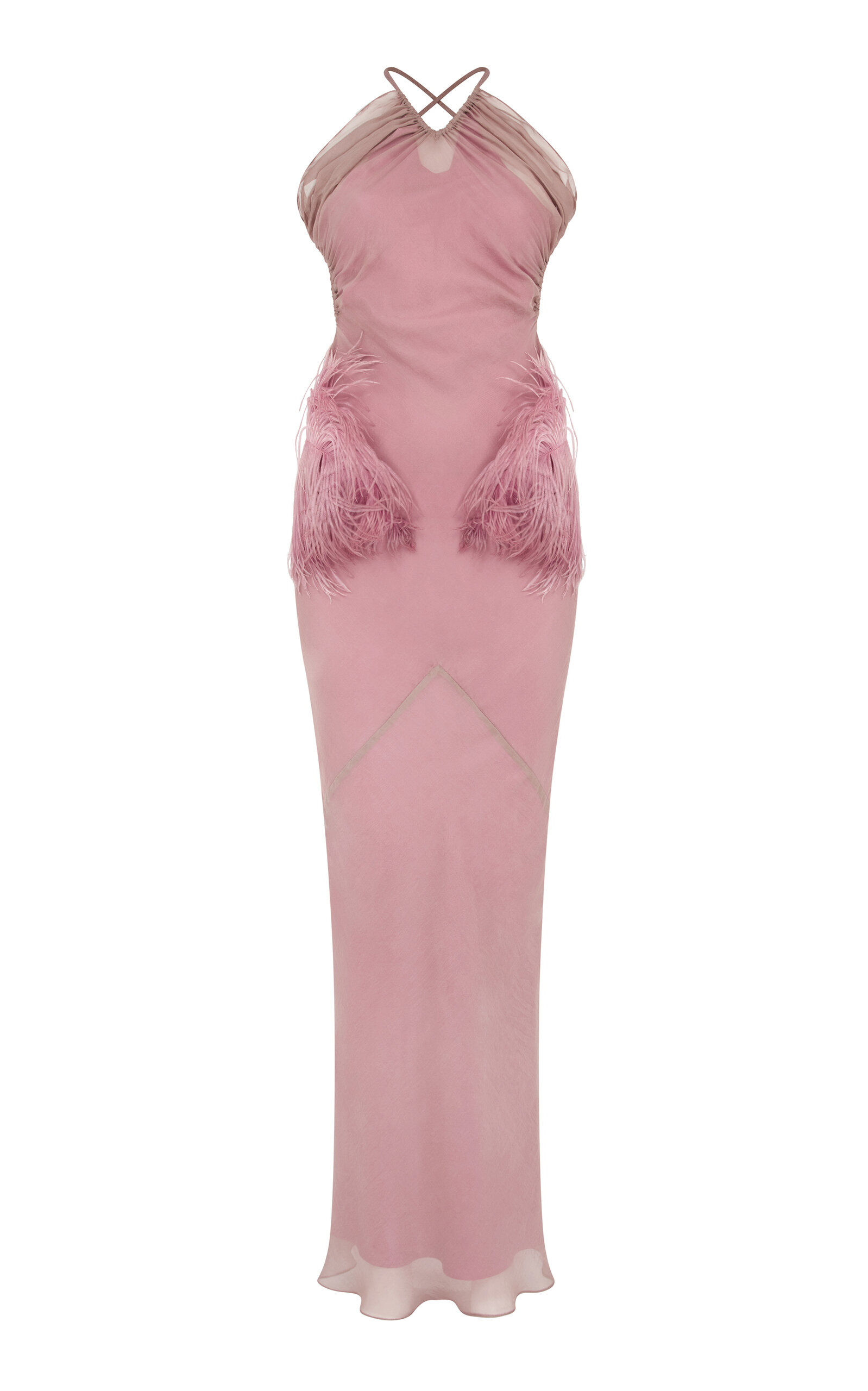 Conner Ives Feather-embellished Silk-chiffon Gown In Pink