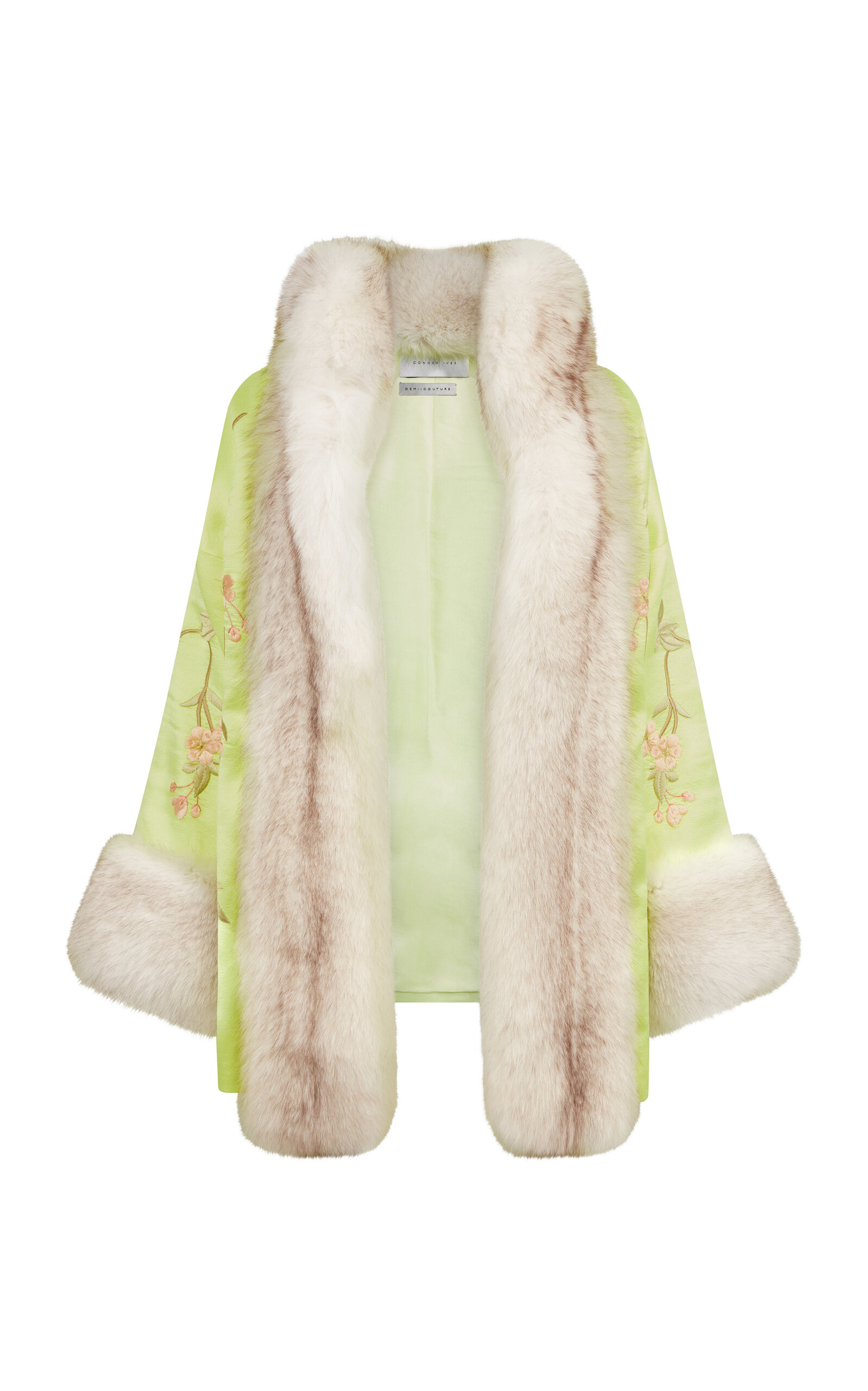 Conner Ives Fur-trimmed Embroidered Silk Coat In Multi