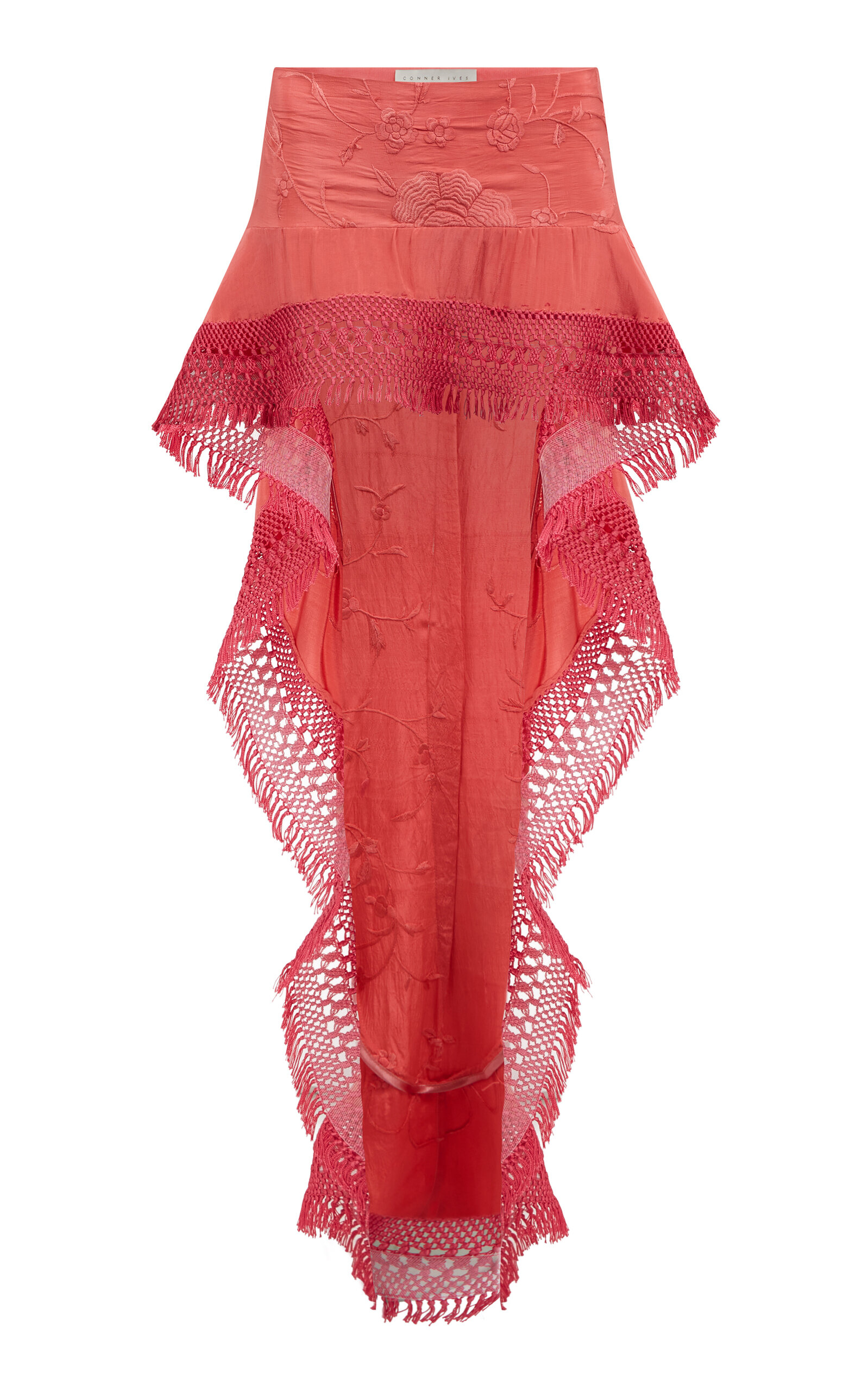 Conner Ives Tassel-trimmed High-to-low Silk Skirt In Red