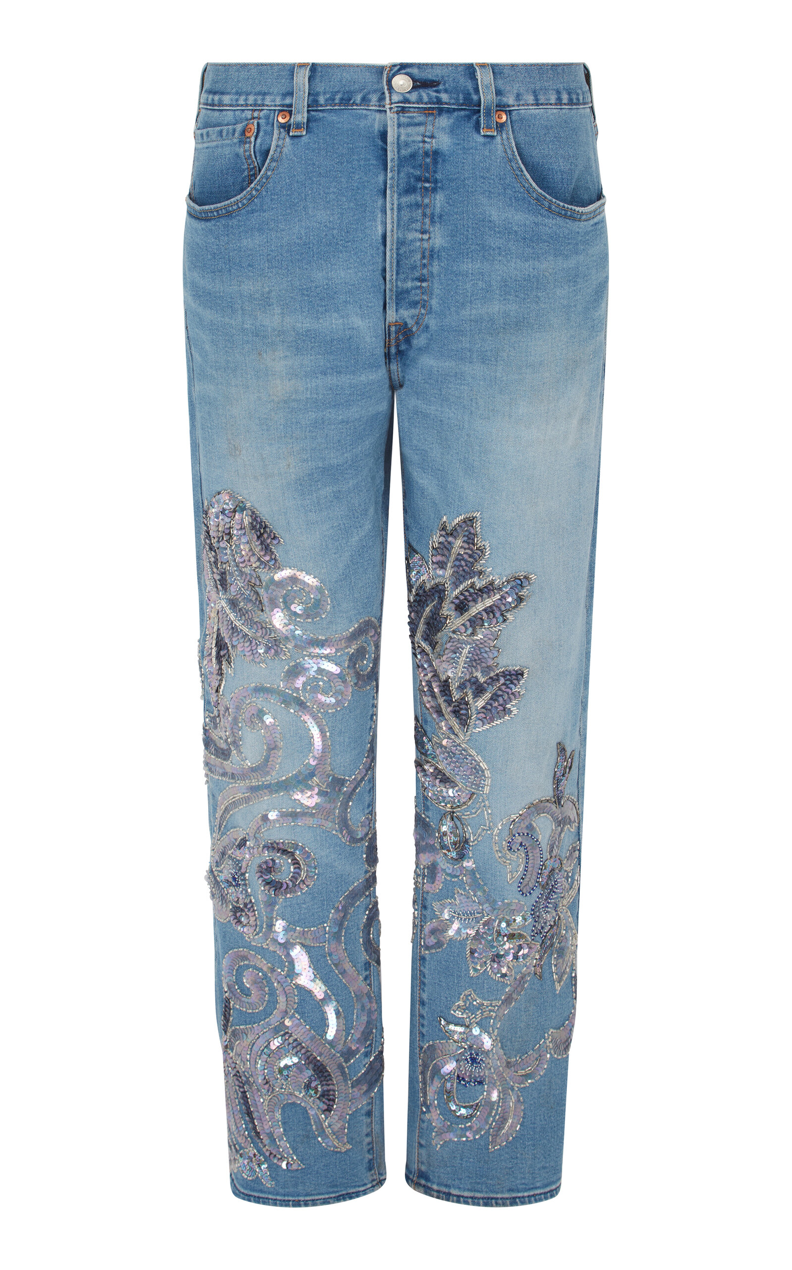 Conner Ives Sequin-embellished Mid-rise Straight-leg Jeans In Blue