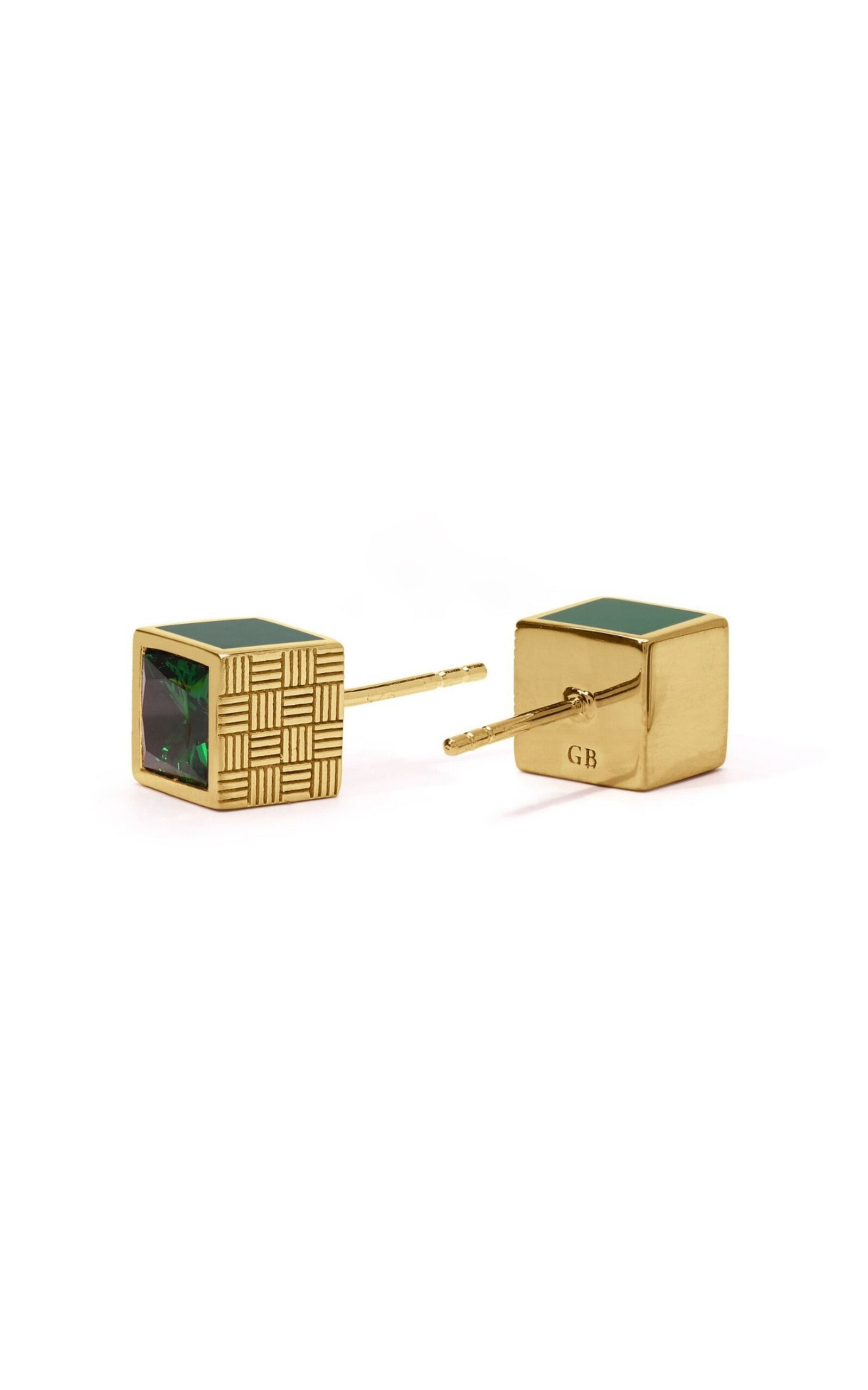 Gwen Beloti 18kt Gold Woven Emerald Cubed Stud Earring In Gold