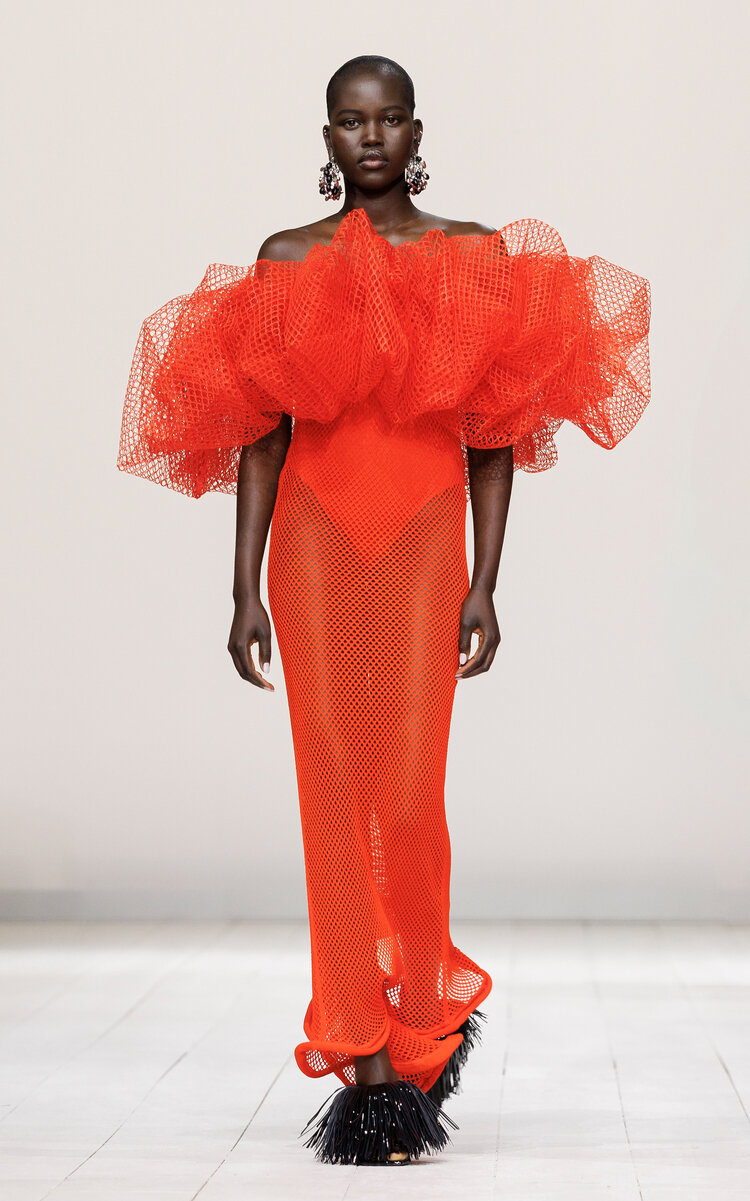 Givenchy Off-The-Shoulder Couture Puff Fishnet Midi Dress - Orange