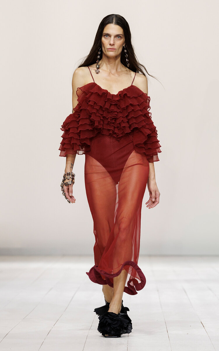 Givenchy Ruffled Sheer Knit Midi Dress In Red