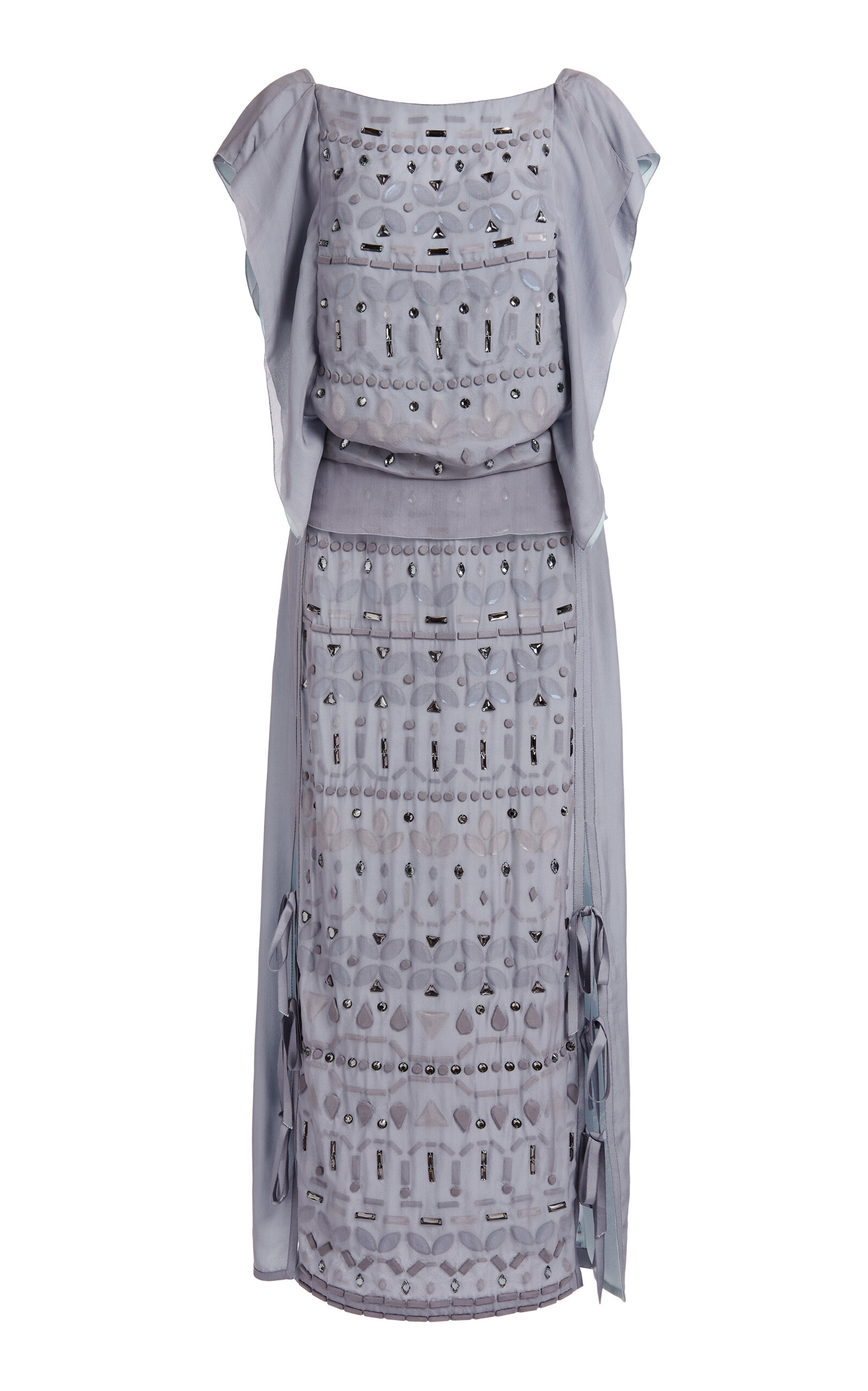 Lanvin High-neck Embroidered Knot-detail Silk Midi Dress In Gray