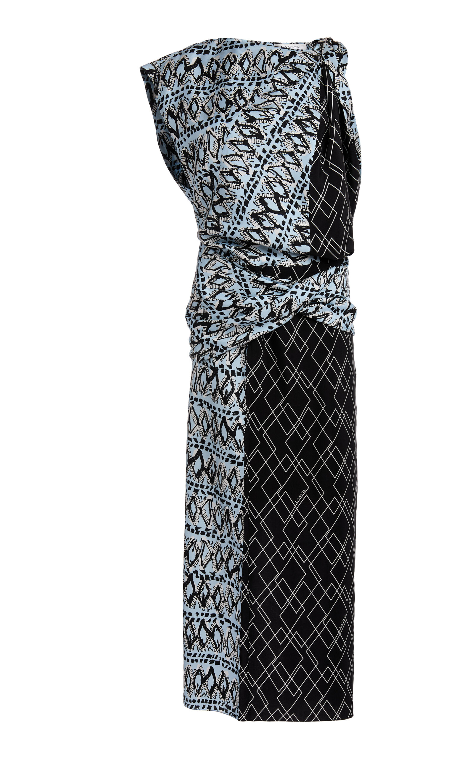 Lanvin Printed Draped Silk Midi Dress In Gray