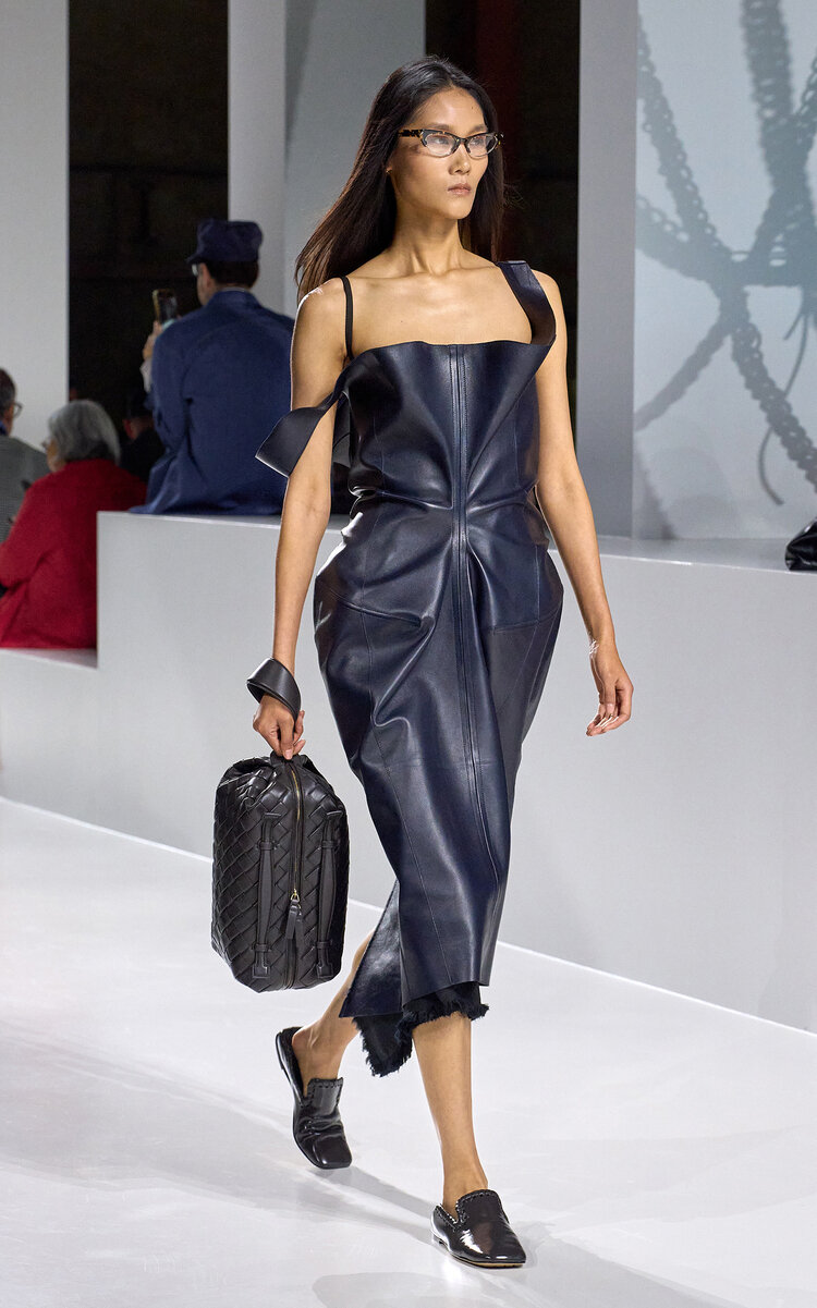 Bottega Veneta Draped Nappa Leather Midi Dress In Black