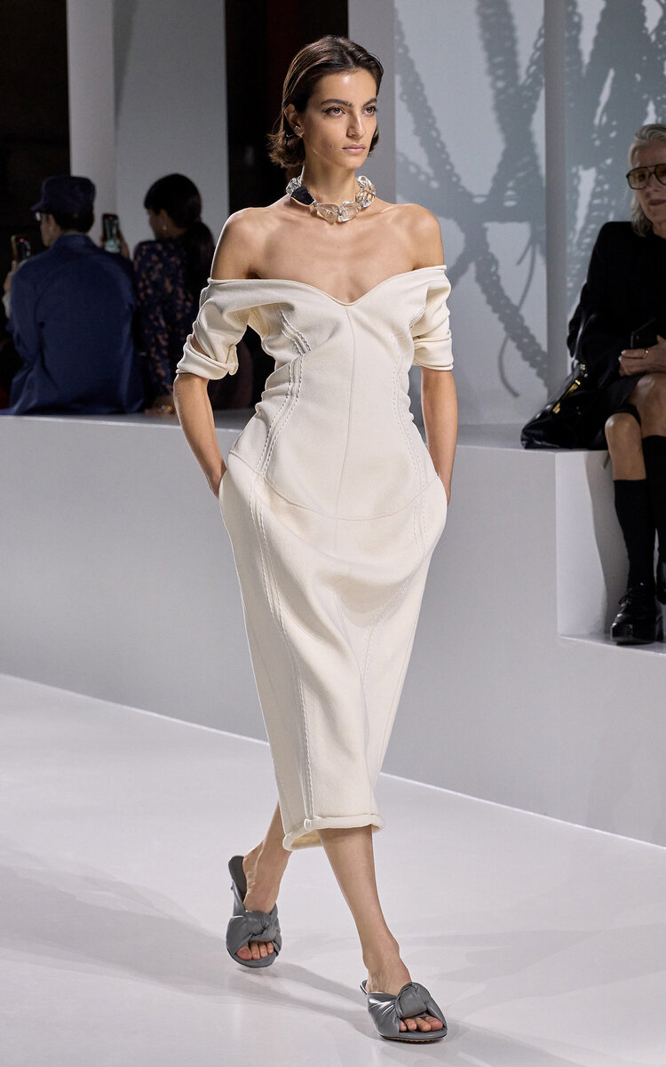 Bottega Veneta Off-the-shoulder Crepe Knit Midi Dress In Neutral