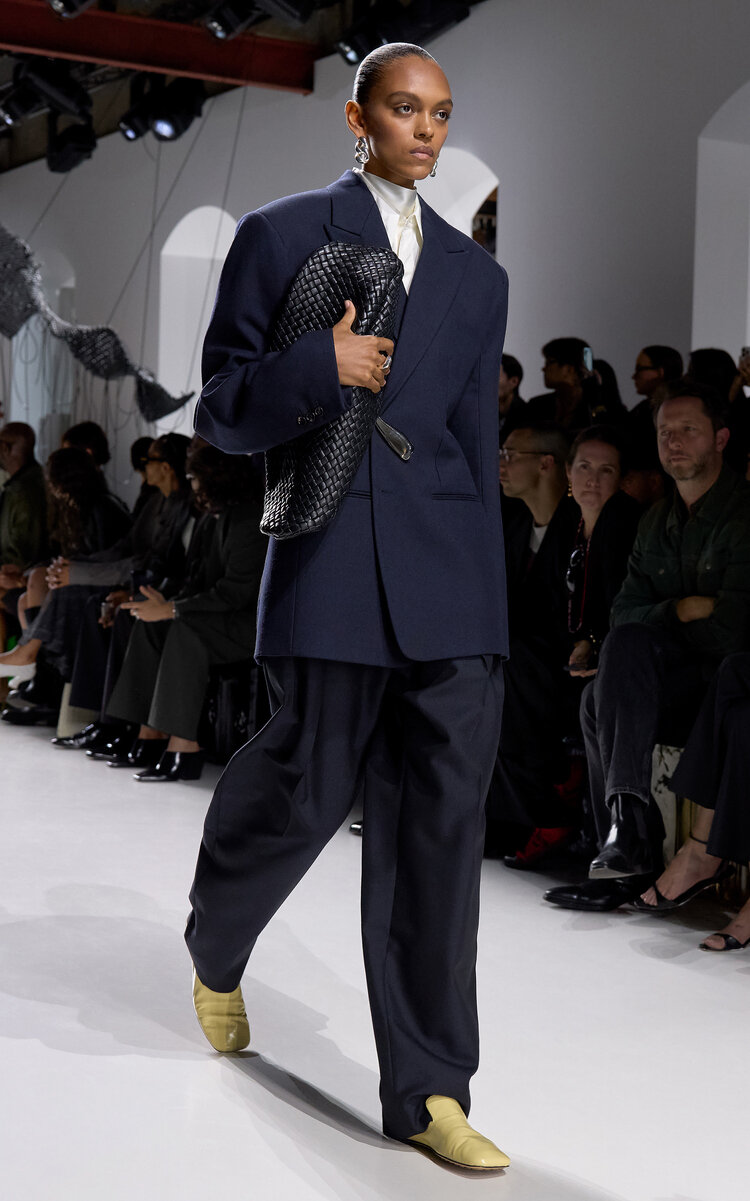 Bottega Veneta Tailored Wool Melange Canvas Jacket - Navy