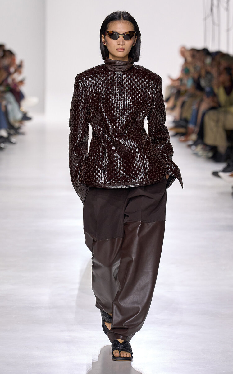 Bottega Veneta Shiny Intreccio Leather Top In Brown