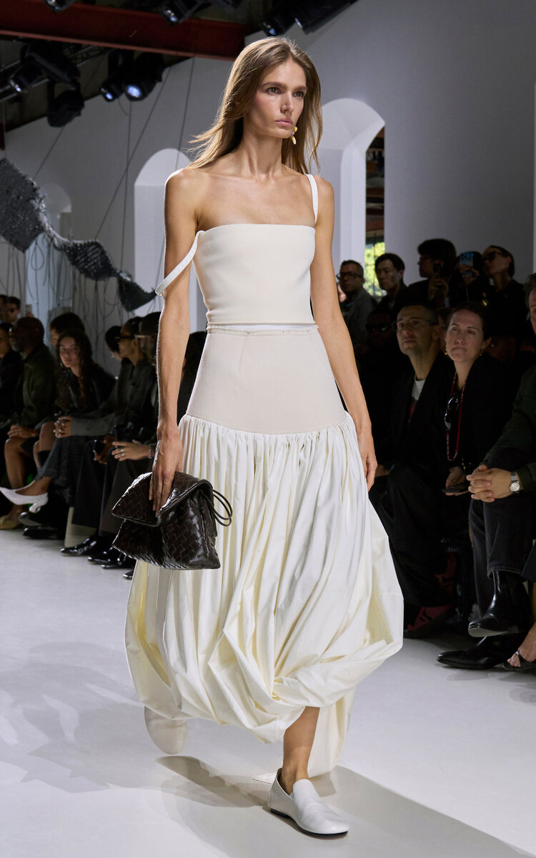 Bottega Veneta Draped Wool Gabardine Midi Dress In Neutral