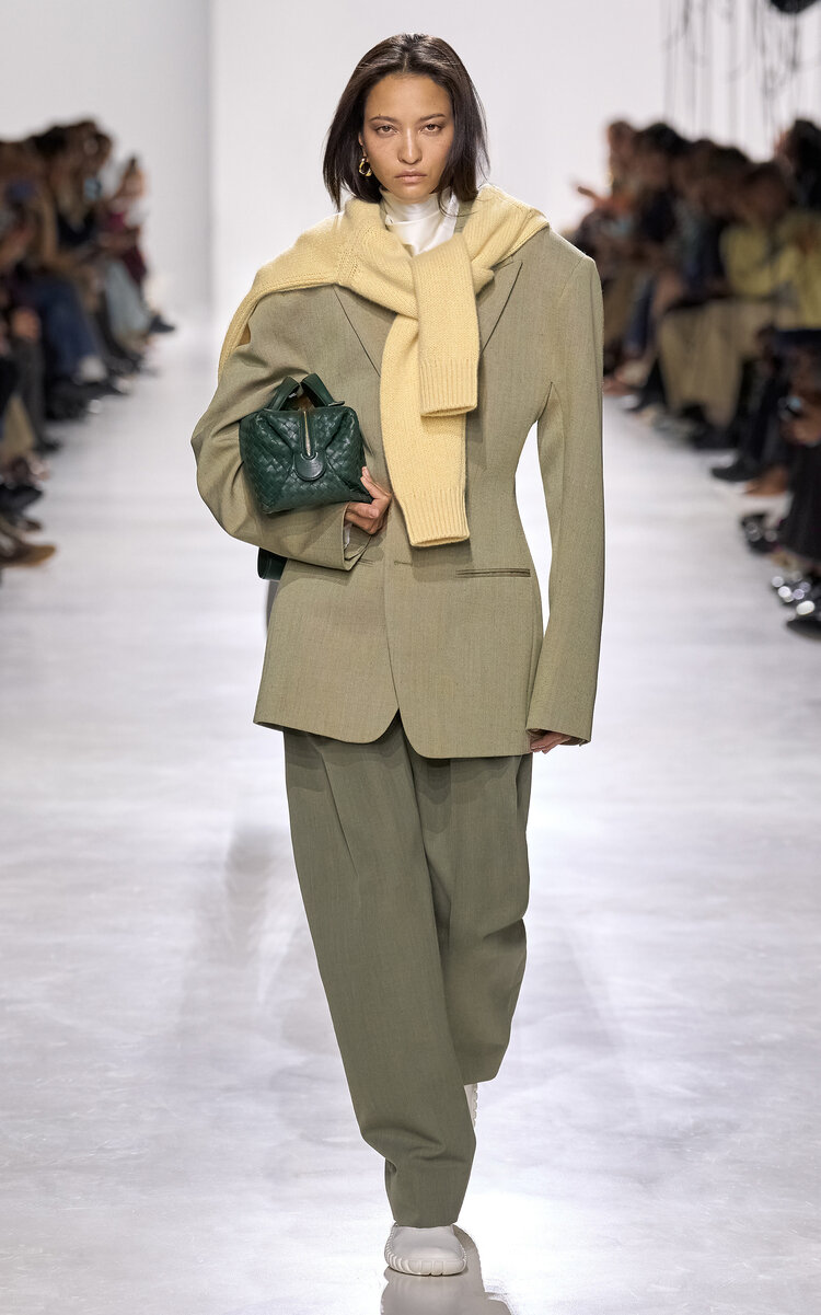 Bottega Veneta Tailored Wool Linen Melange Toile Jacket In Green