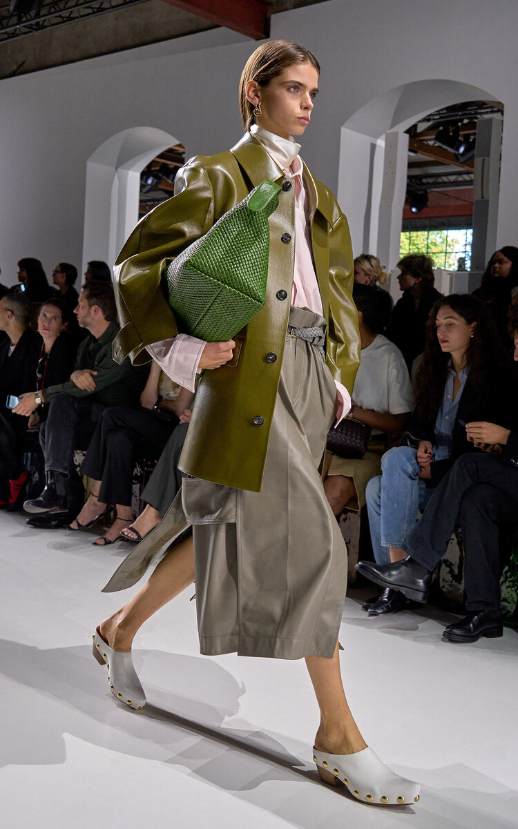 Bottega Veneta Bonded Leather Coat In Green