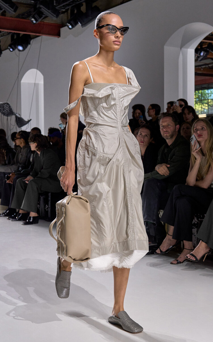 Bottega Veneta Draped Washed Silk Taffeta Midi Dress In Gray