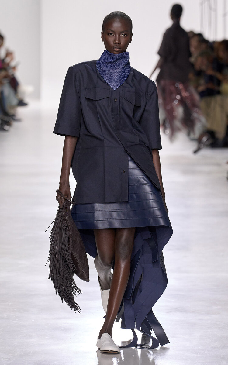 Bottega Veneta Fringed Nappa Leather High-low Skirt In Blue