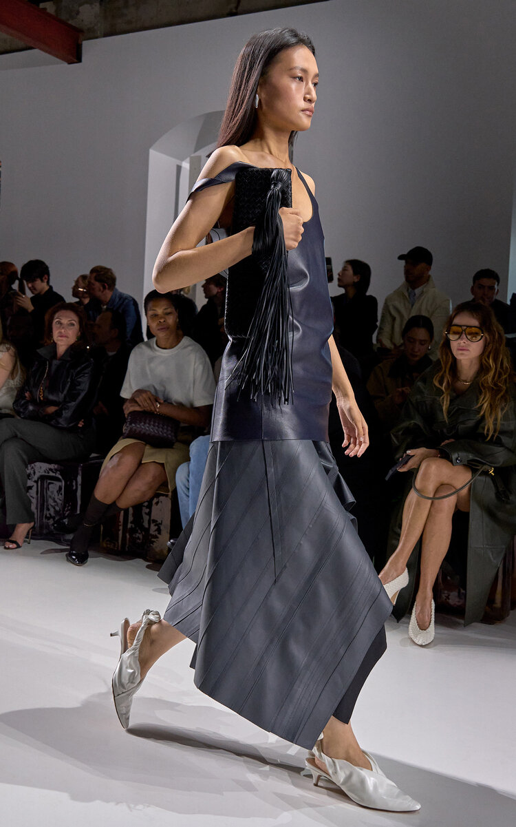 Bottega Veneta Asymmetric Lambskin Leather Midi Skirt In Gray